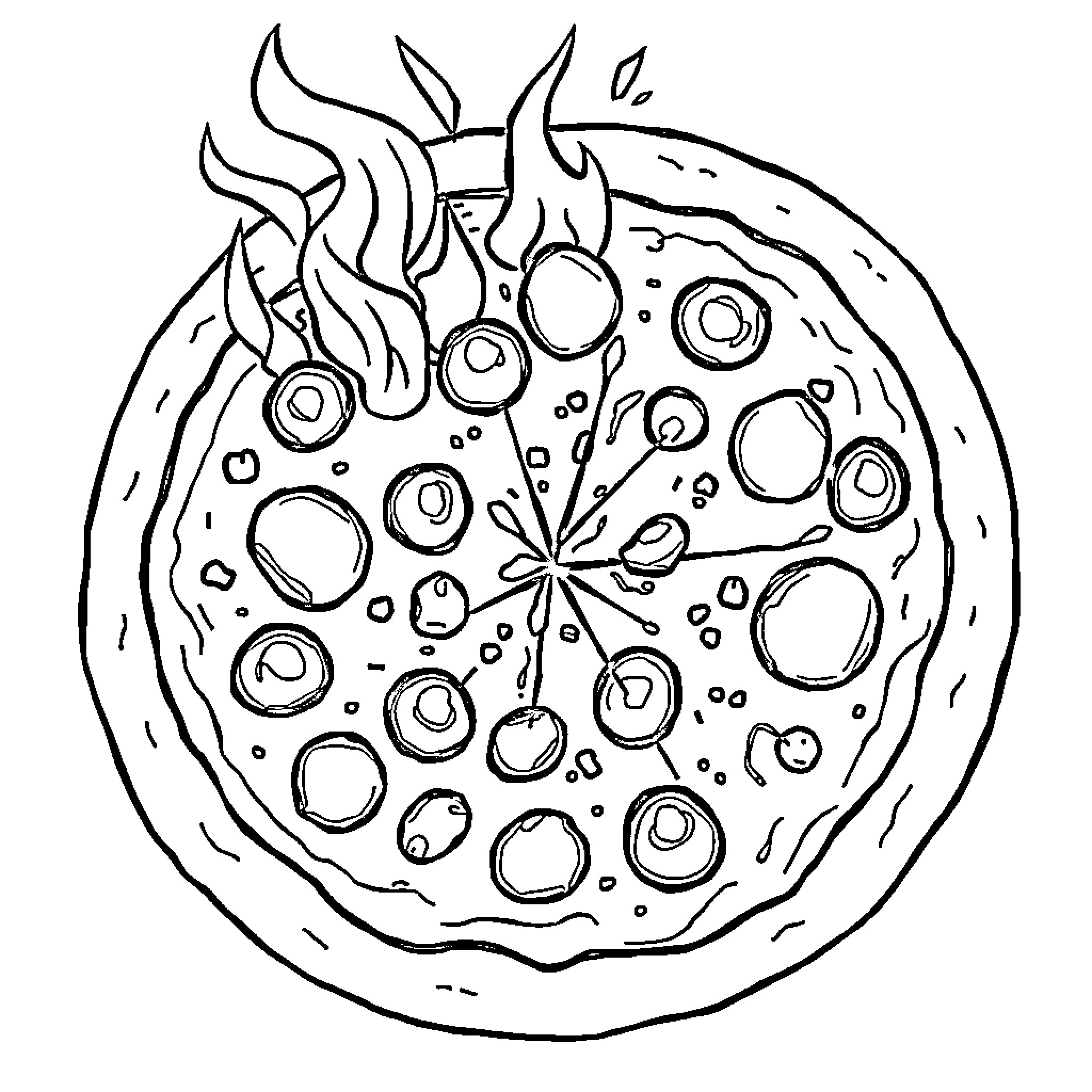 Pizza with fiery toppings and bubbles Coloring Page (free black-and-white line drawing printable PDF for all, from beginners to advanced learners, including children, teens, adults, and seniors)