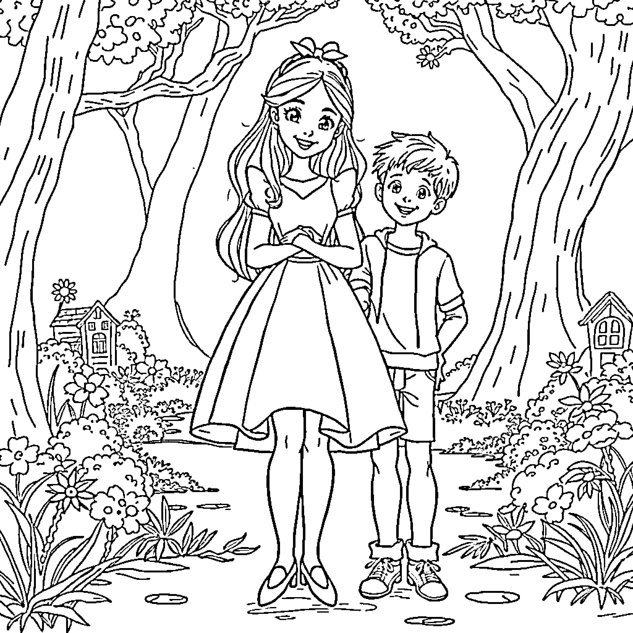 Alice and her friend explore the forest Coloring Page (free black-and-white line drawing printable PDF for all, from beginners to advanced learners, including children, teens, adults, and seniors)