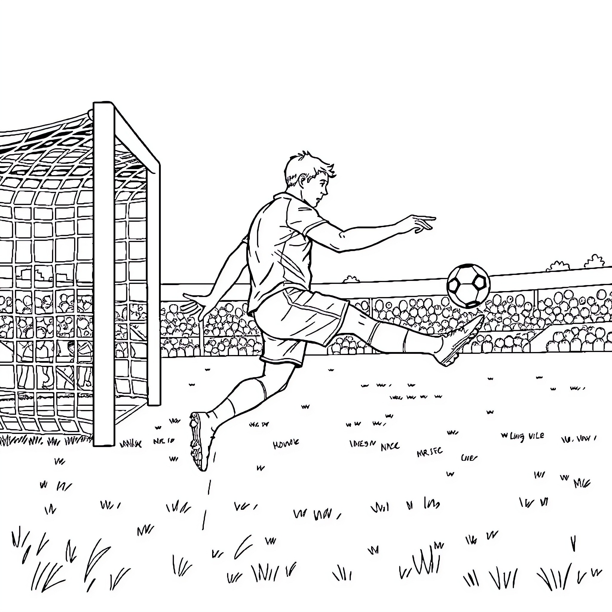 Soccer Player Kicking Ball on Soccer Field Coloring Page (free black-and-white line drawing printable PDF for all, from beginners to advanced learners, including children, teens, adults, and seniors)