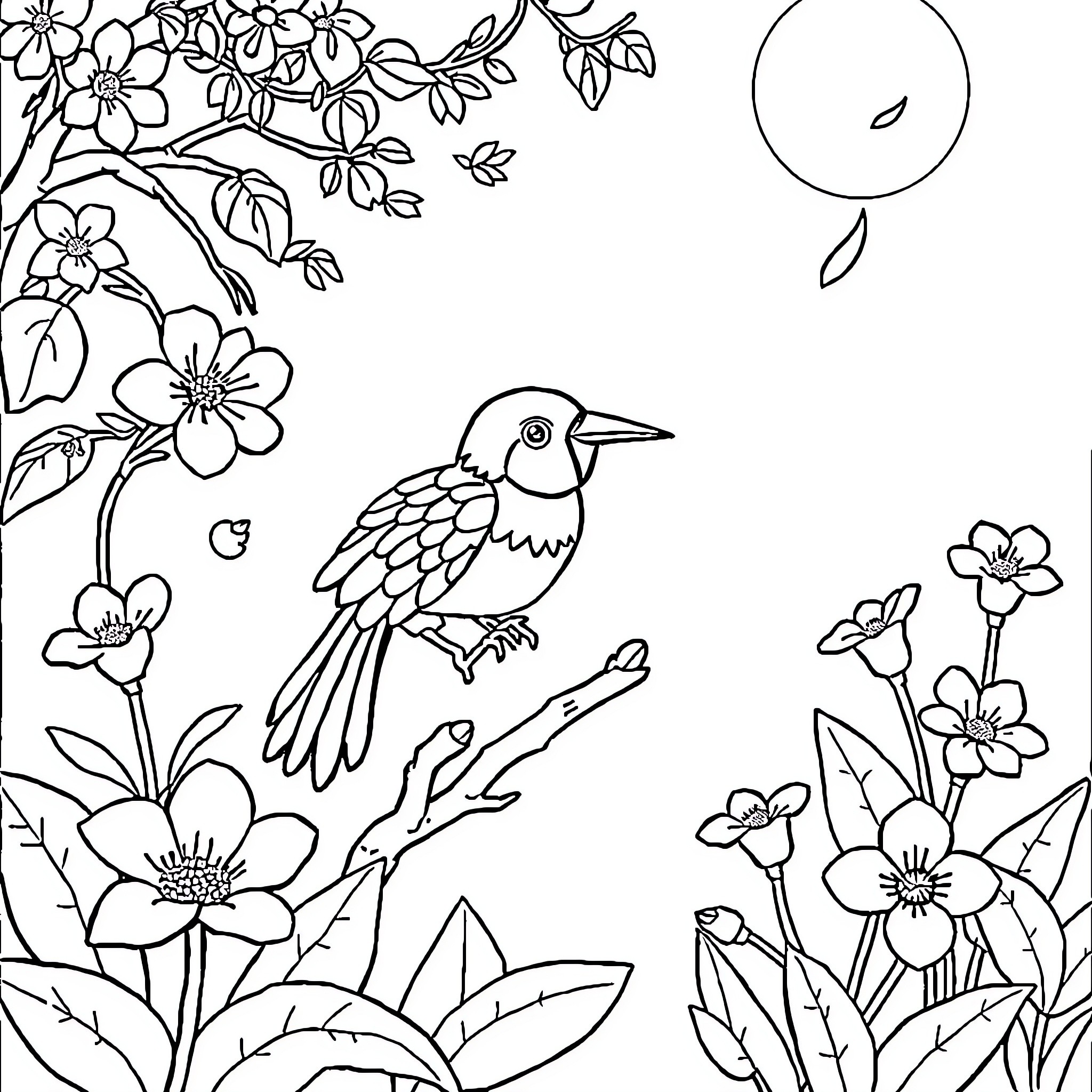 Butterfly and Bee among Flowers in Nature Coloring Page (free black-and-white line drawing printable PDF for all, from beginners to advanced learners, including children, teens, adults, and seniors)