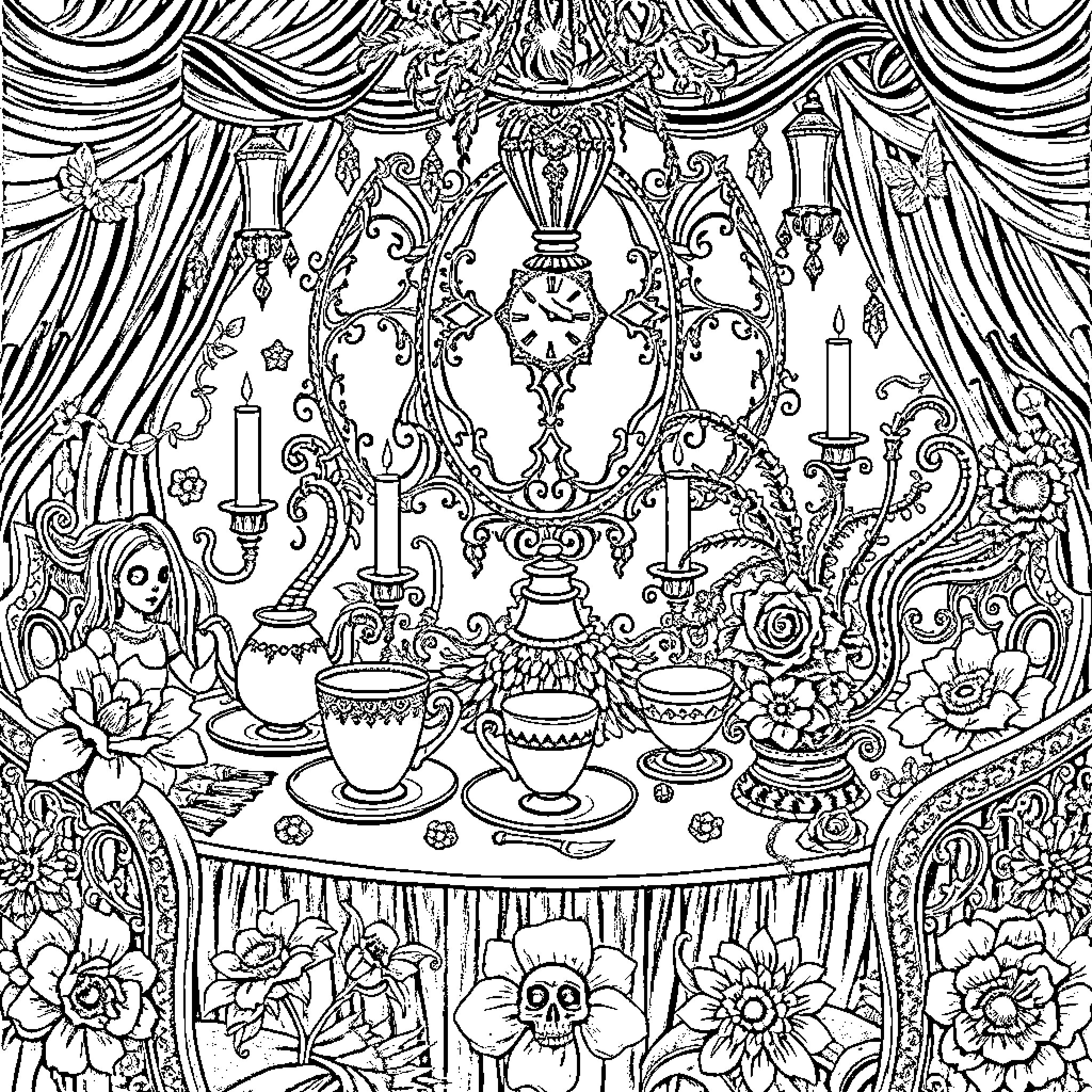 Alice's Enchanting Tea Party with Ornate Decor Coloring Page (free black-and-white line drawing printable PDF for all, from beginners to advanced learners, including children, teens, adults, and seniors)