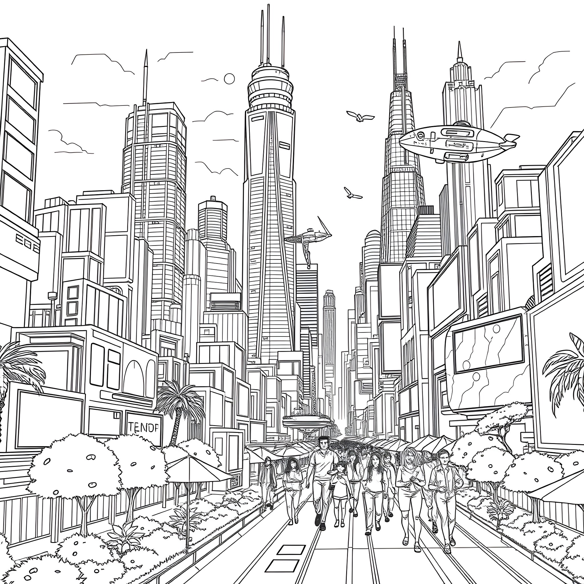 Futuristic cityscape with towering skyscrapers and flying vehicles Coloring Page (free black-and-white line drawing printable PDF for all, from beginners to advanced learners, including children, teens, adults, and seniors)