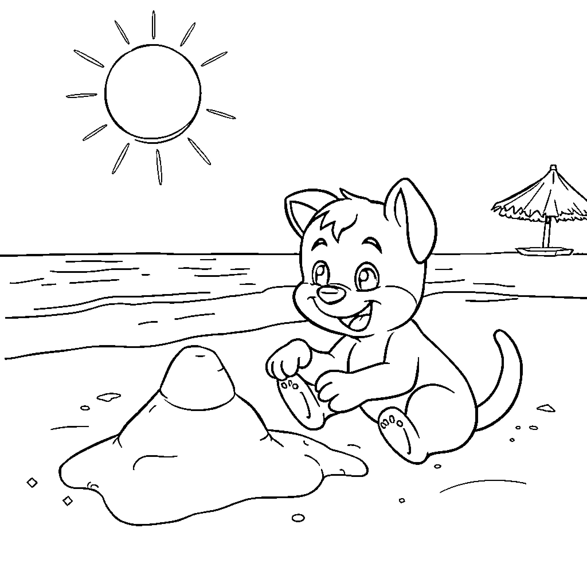 Bluey playing happily on the beach Coloring Page (free black-and-white line drawing printable PDF for all, from beginners to advanced learners, including children, teens, adults, and seniors)