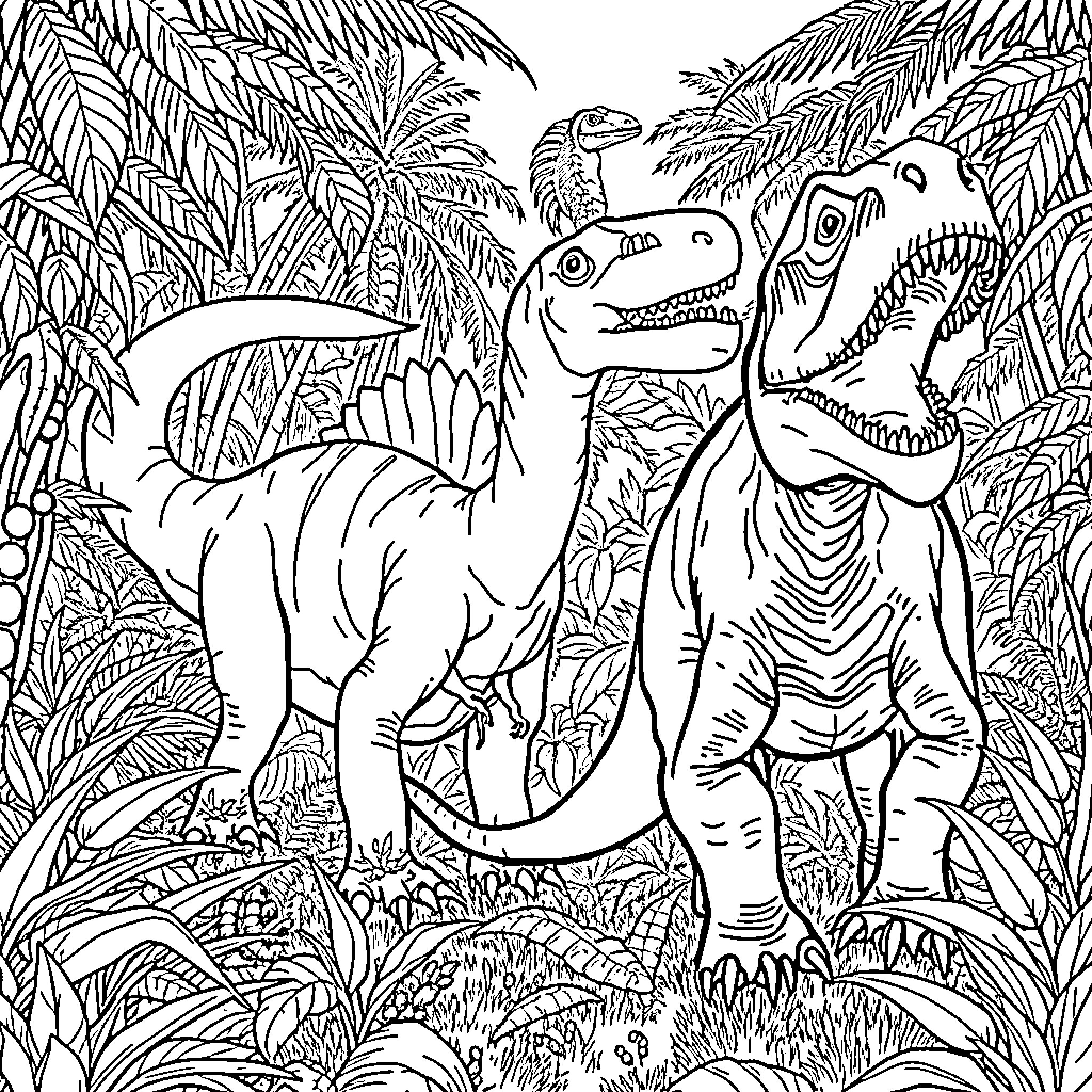Dinosaurs in prehistoric jungle landscape Coloring Page (free black-and-white line drawing printable PDF for all, from beginners to advanced learners, including children, teens, adults, and seniors)
