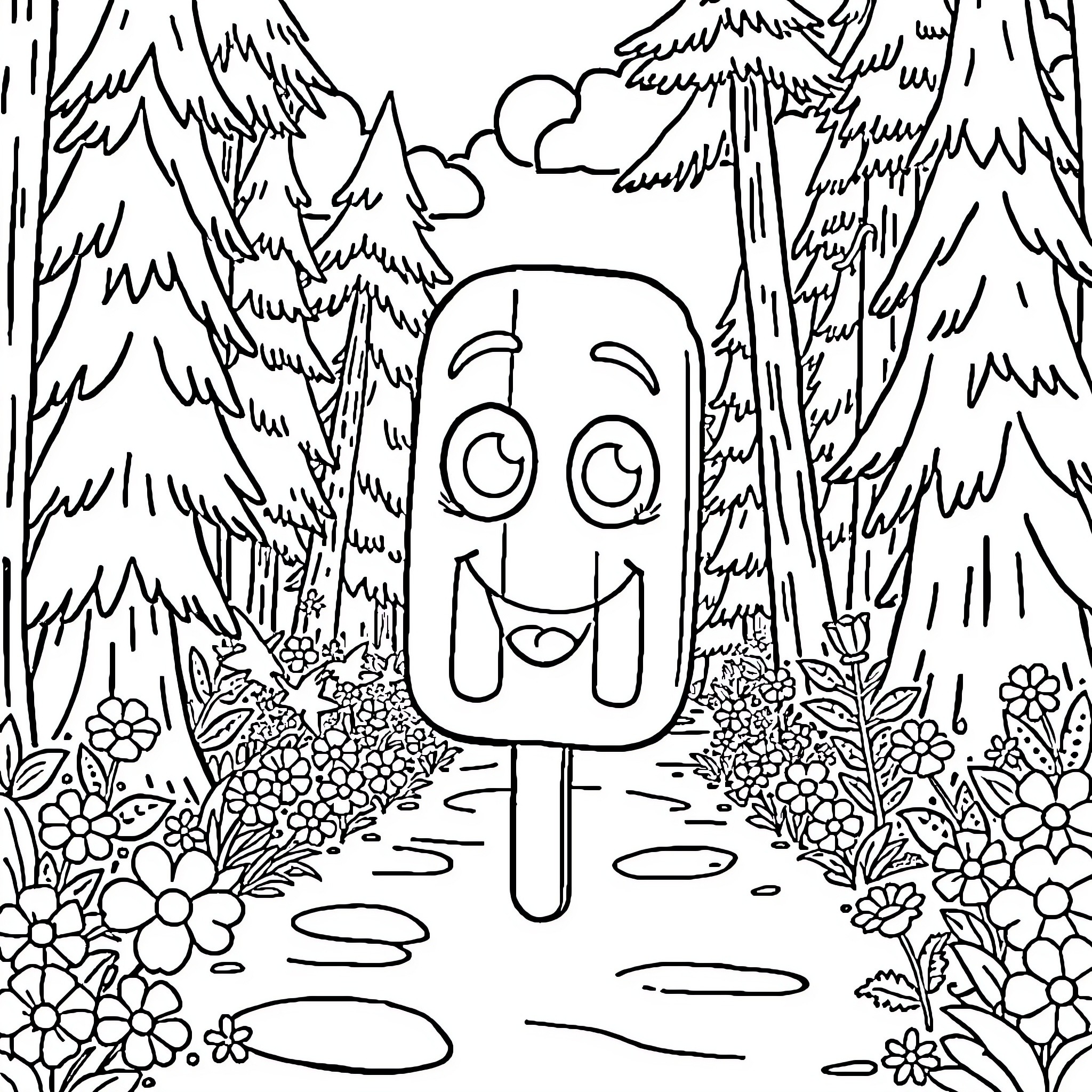 Popsicle Enjoying Flowery Nature Coloring Page (free black-and-white line drawing printable PDF for all, from beginners to advanced learners, including children, teens, adults, and seniors)