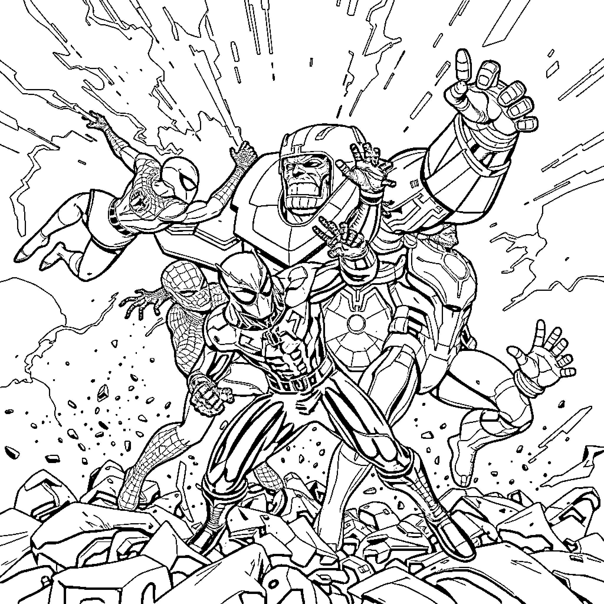 Superhero Battle Against Enemies in Intense Scene Coloring Page (free black-and-white line drawing printable PDF for all, from beginners to advanced learners, including children, teens, adults, and seniors)