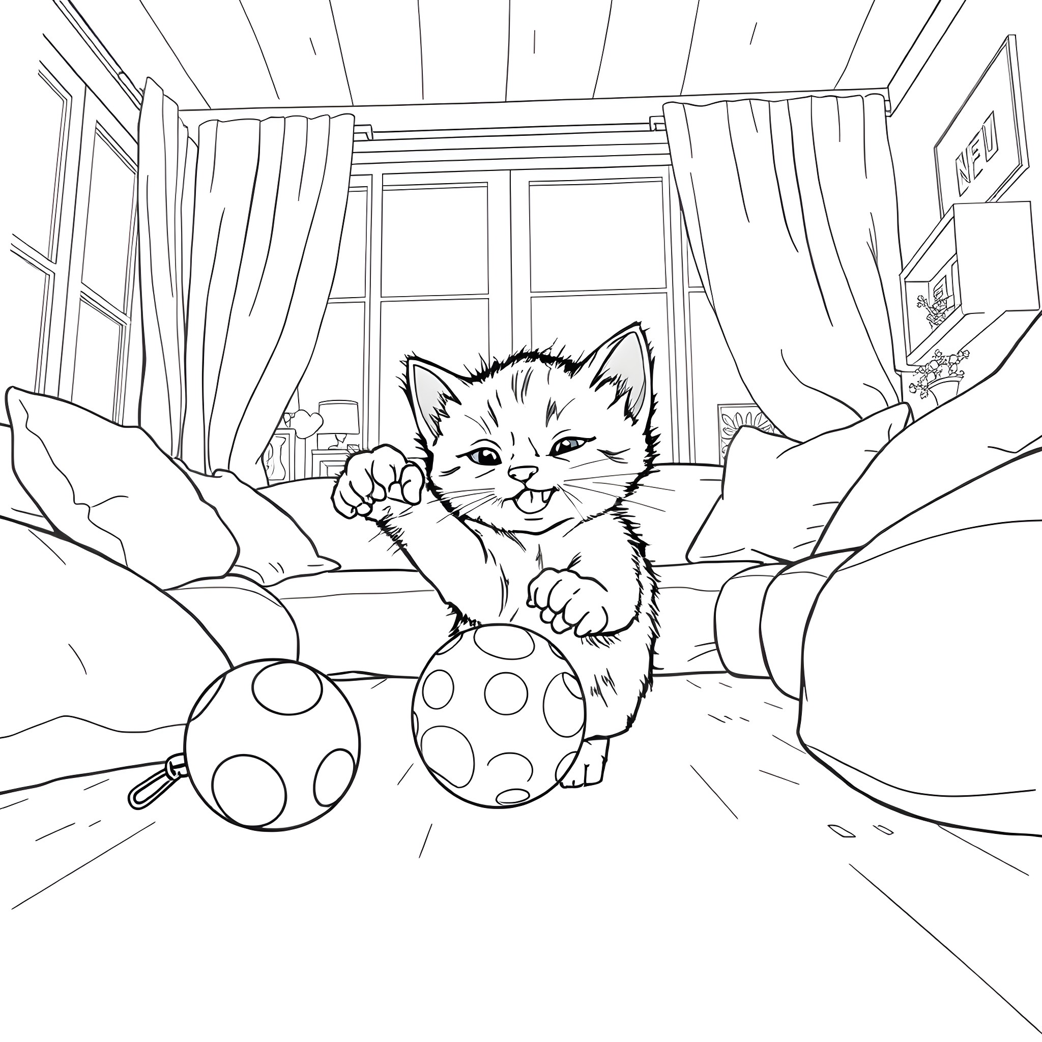 Kitten exploring cozy indoor environment Coloring Page (free black-and-white line drawing printable PDF for all, from beginners to advanced learners, including children, teens, adults, and seniors)