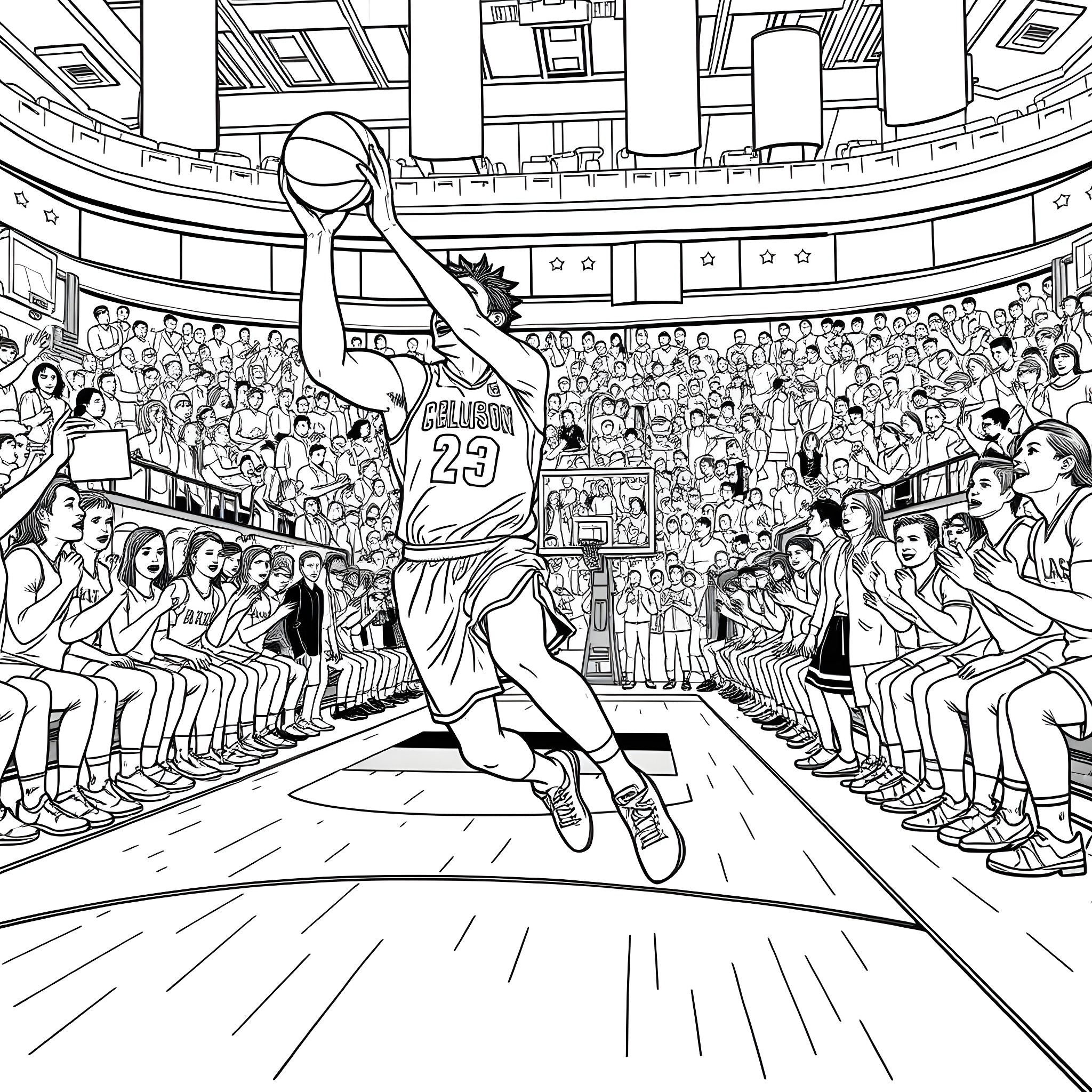 Jalen Brunson takes a shot in a basketball game Coloring Page (free black-and-white line drawing printable PDF for all, from beginners to advanced learners, including children, teens, adults, and seniors)