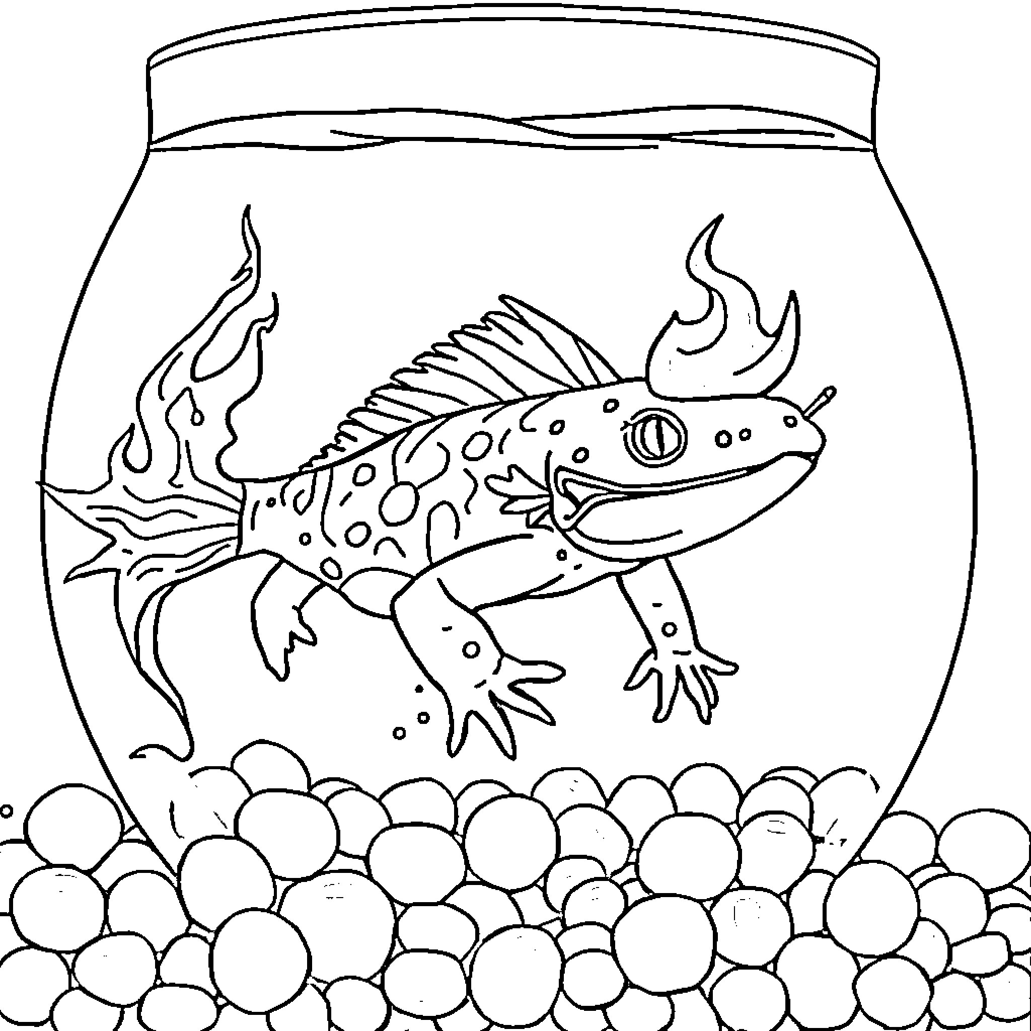 Axolotl swimming happily in an aquarium Coloring Page (free black-and-white line drawing printable PDF for all, from beginners to advanced learners, including children, teens, adults, and seniors)