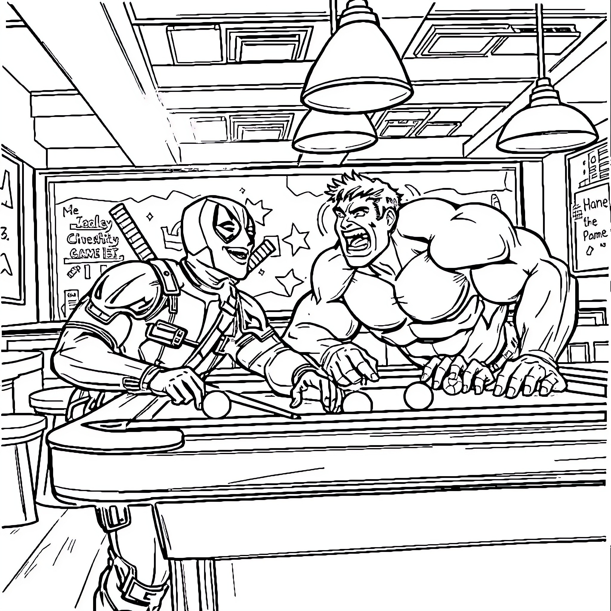 Deadpool fighting with a muscular hero in a workshop Coloring Page (free black-and-white line drawing printable PDF for all, from beginners to advanced learners, including children, teens, adults, and seniors)