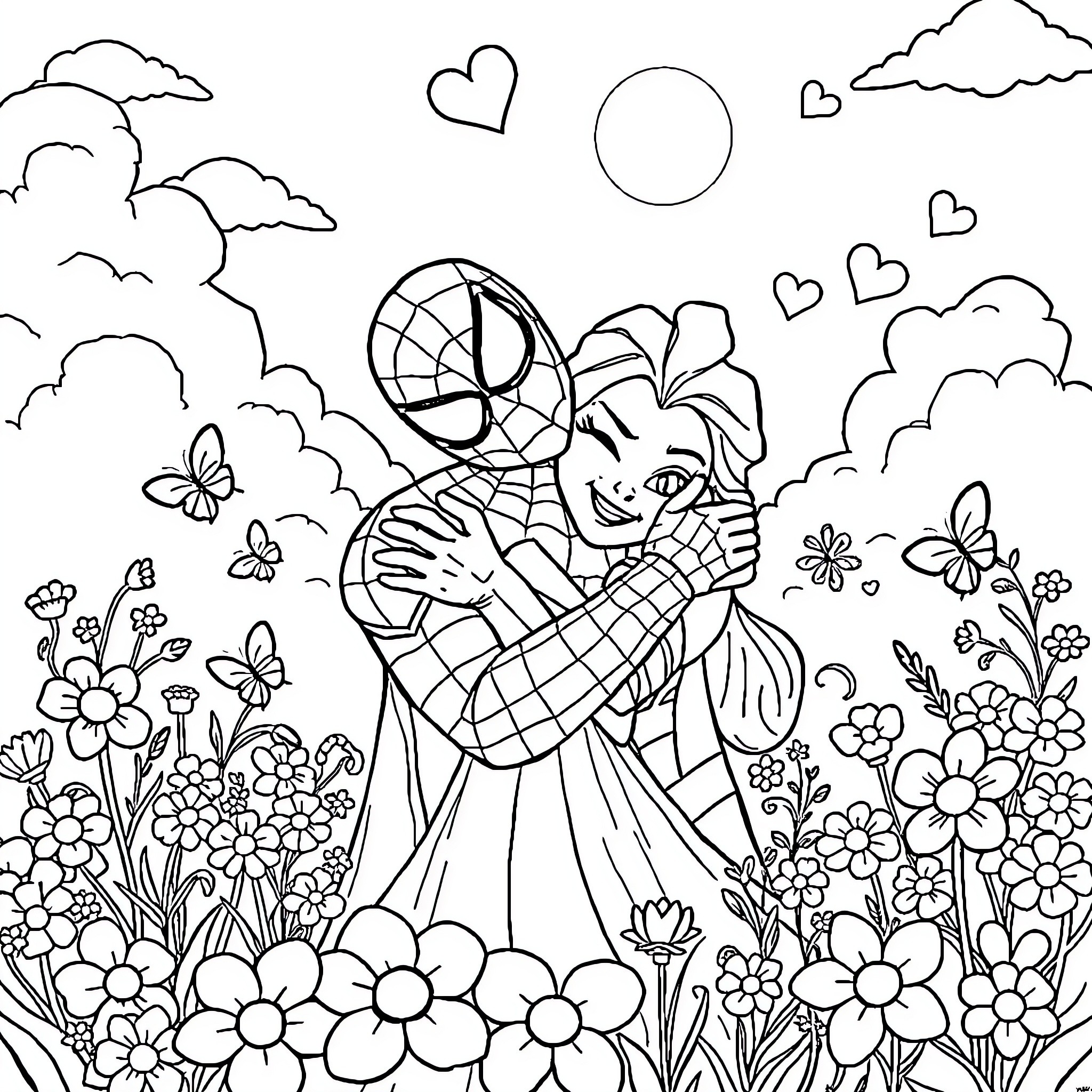 Spider-Man embracing a woman in a flower-filled meadow Coloring Page (free black-and-white line drawing printable PDF for all, from beginners to advanced learners, including children, teens, adults, and seniors)