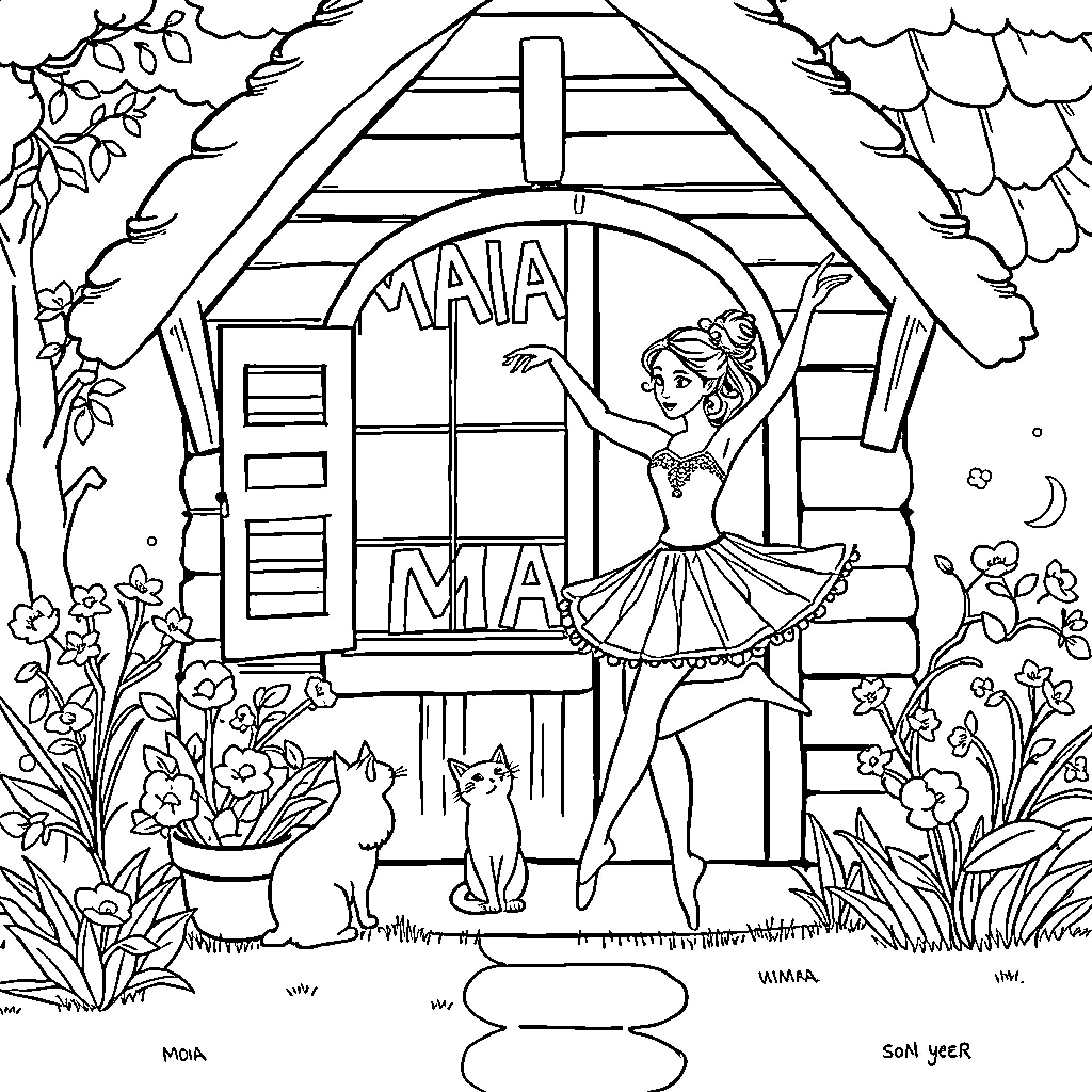 Bailarina dancing outside a cottage with cats Coloring Page (free black-and-white line drawing printable PDF for all, from beginners to advanced learners, including children, teens, adults, and seniors)