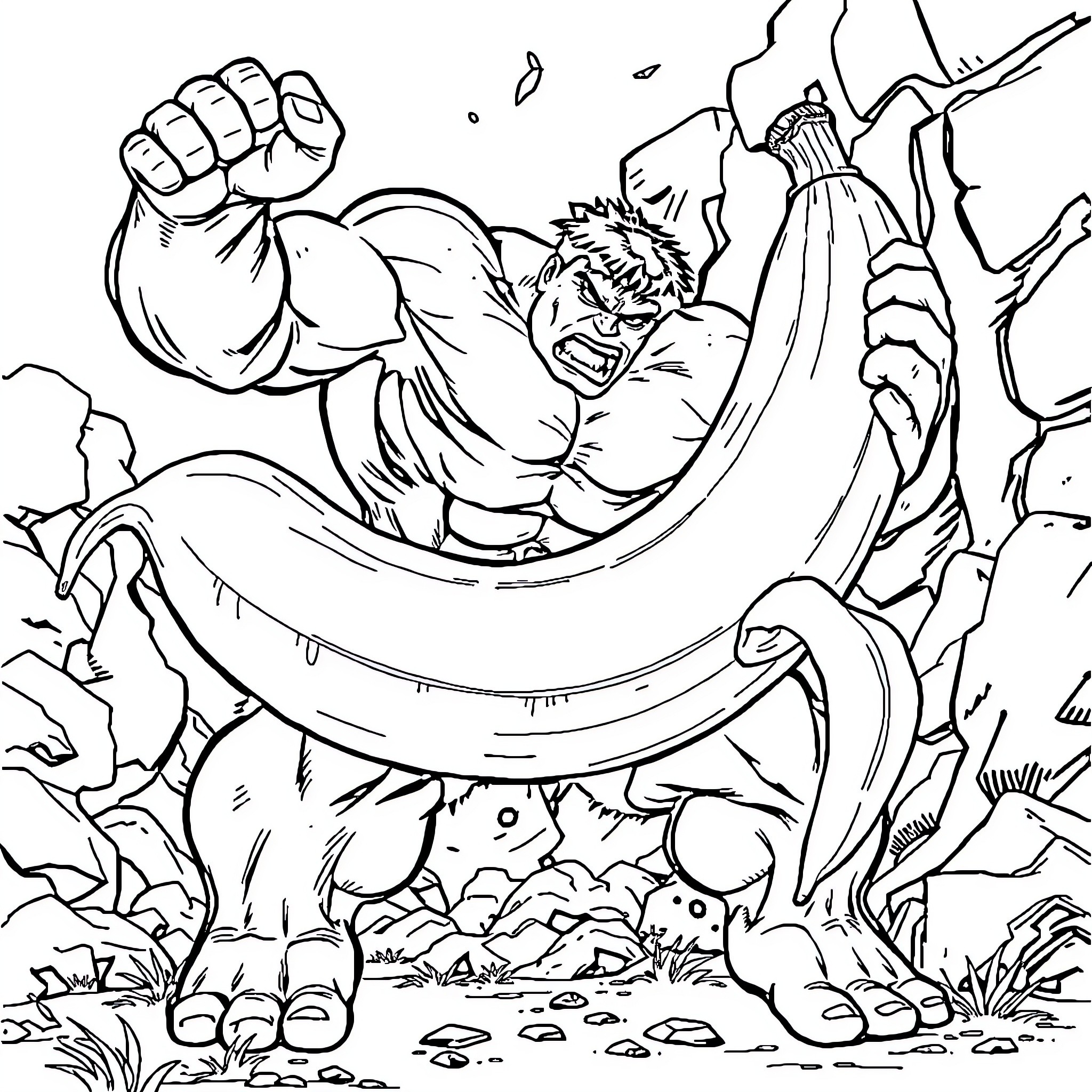Hulk rampaging through nature Coloring Page (free black-and-white line drawing printable PDF for all, from beginners to advanced learners, including children, teens, adults, and seniors)