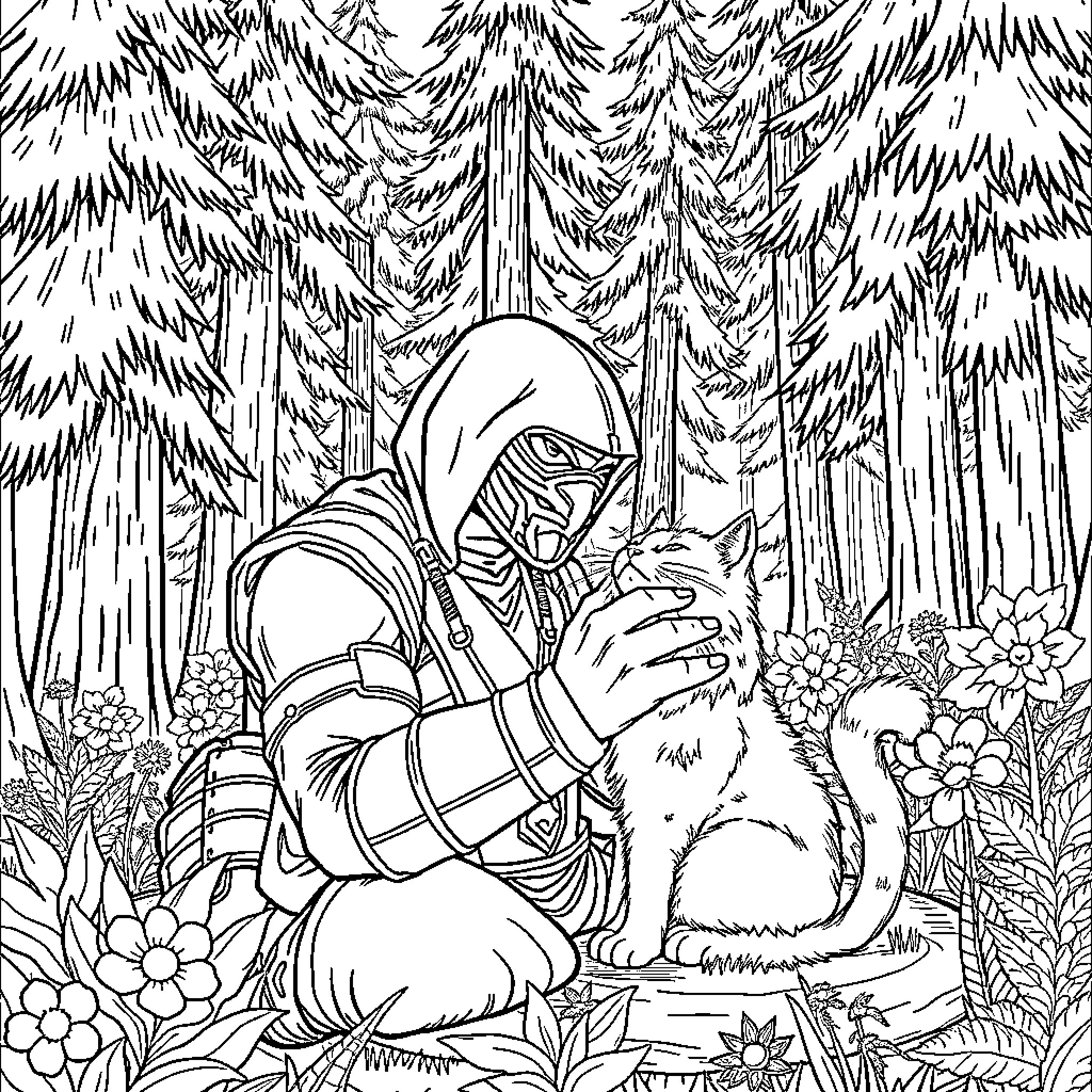 Scorpion warrior befriends forest creature in enchanted woods Coloring Page (free black-and-white line drawing printable PDF for all, from beginners to advanced learners, including children, teens, adults, and seniors)