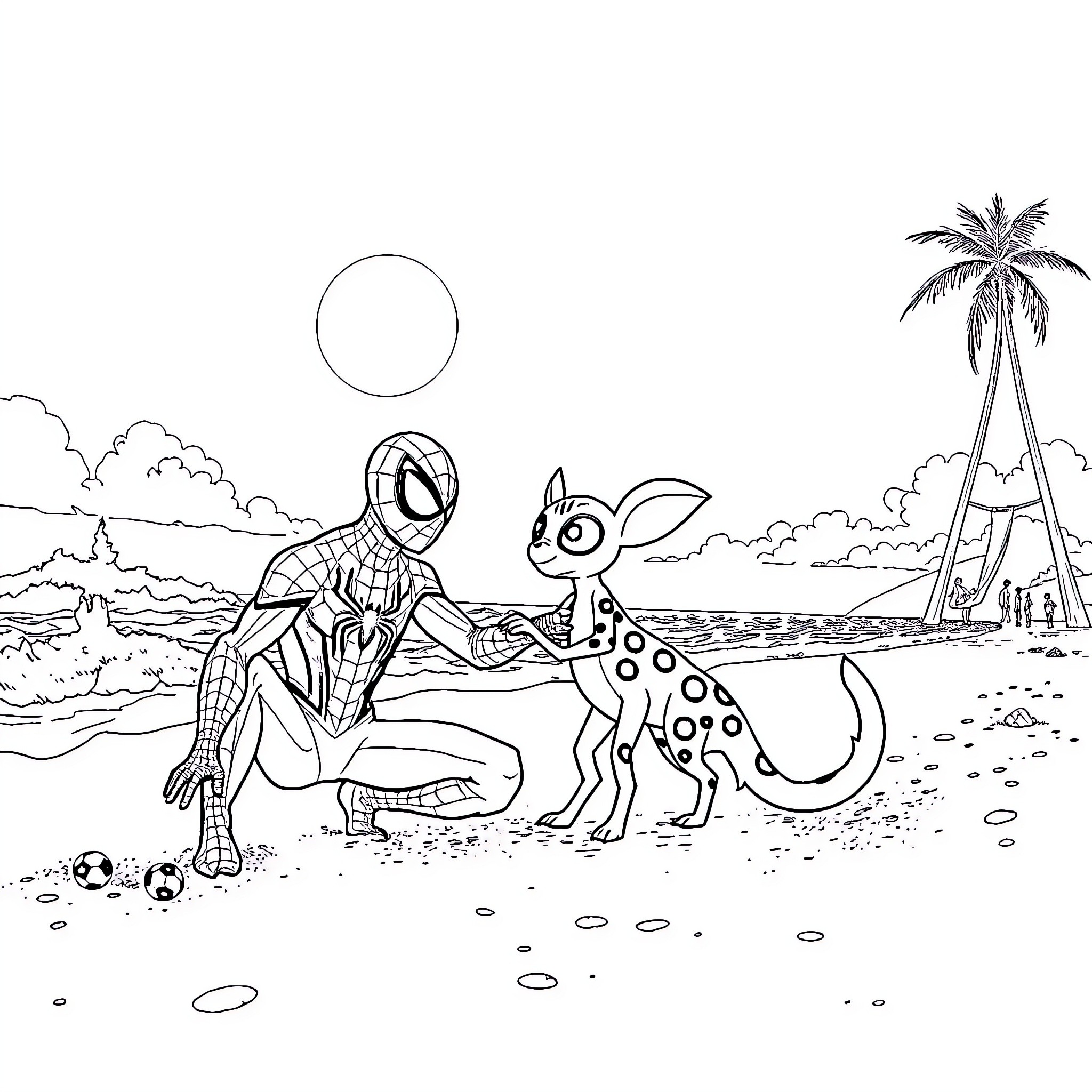 Spiderman interacts with exotic animals on the beach Coloring Page (free black-and-white line drawing printable PDF for all, from beginners to advanced learners, including children, teens, adults, and seniors)