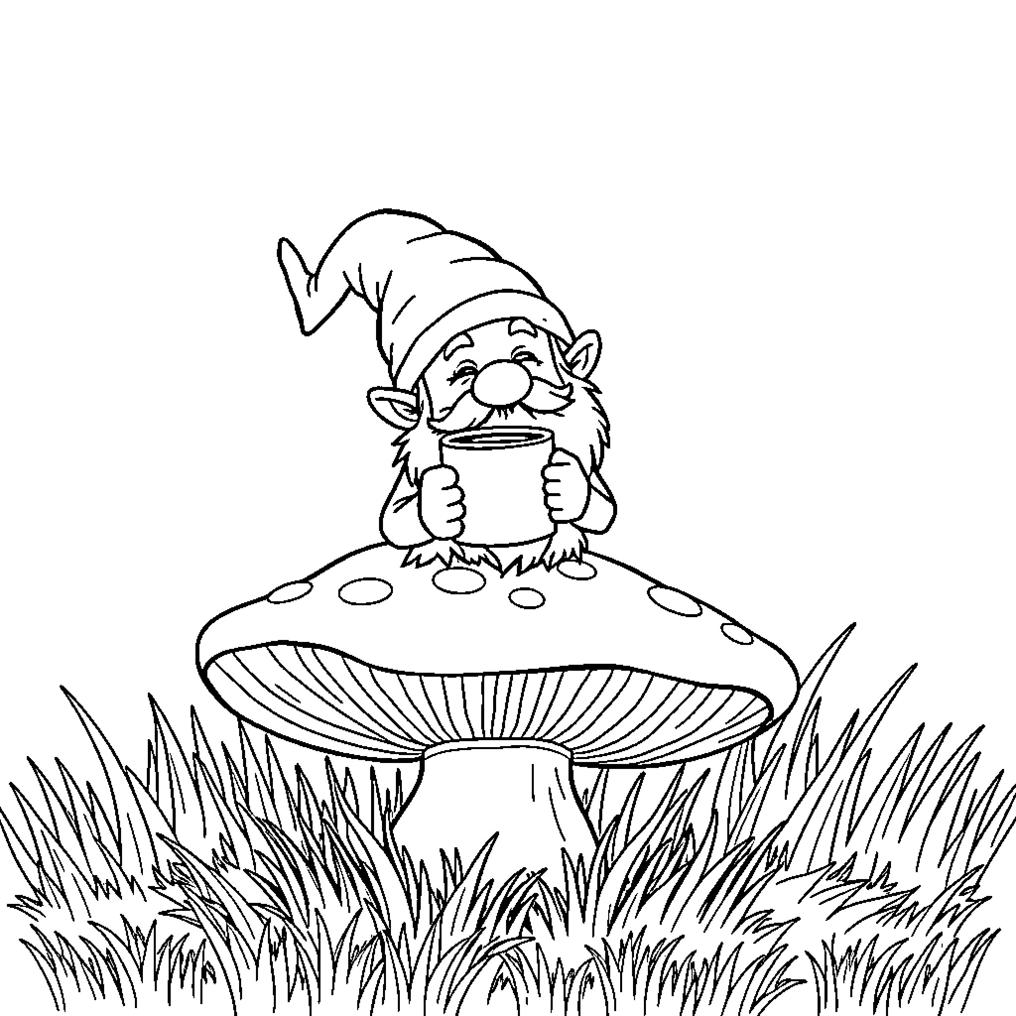 Gnome enjoying a warm beverage on a mushroom Coloring Page (free black-and-white line drawing printable PDF for all, from beginners to advanced learners, including children, teens, adults, and seniors)