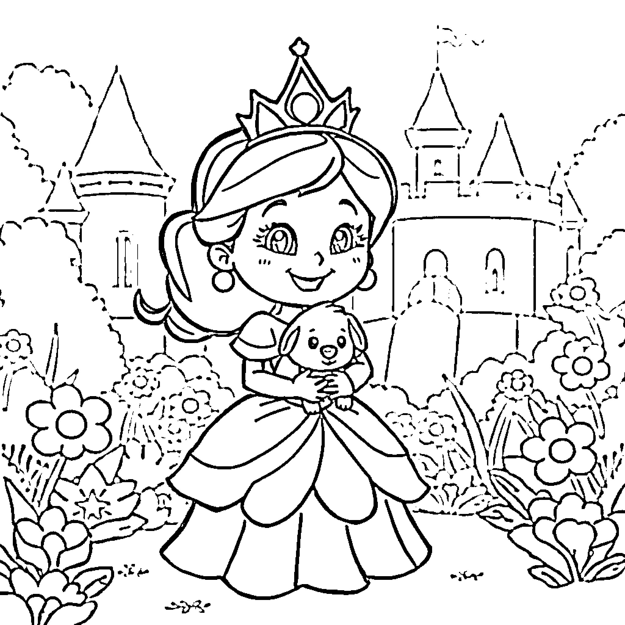 Princess Joyfully Exploring a Magical Kingdom Coloring Page (free black-and-white line drawing printable PDF for all, from beginners to advanced learners, including children, teens, adults, and seniors)