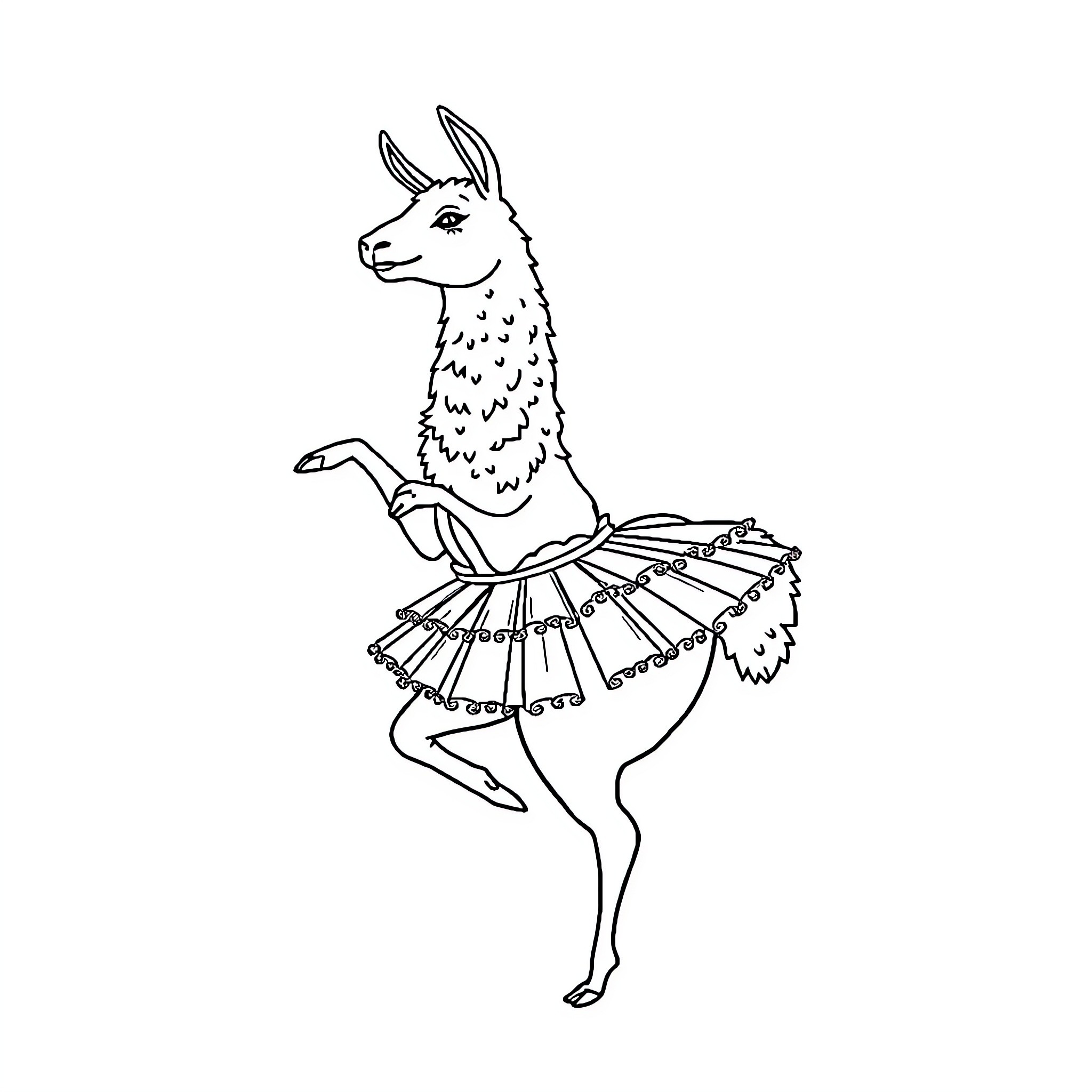 Lama wearing a whimsical ballet tutu Coloring Page (free black-and-white line drawing printable PDF for all, from beginners to advanced learners, including children, teens, adults, and seniors)
