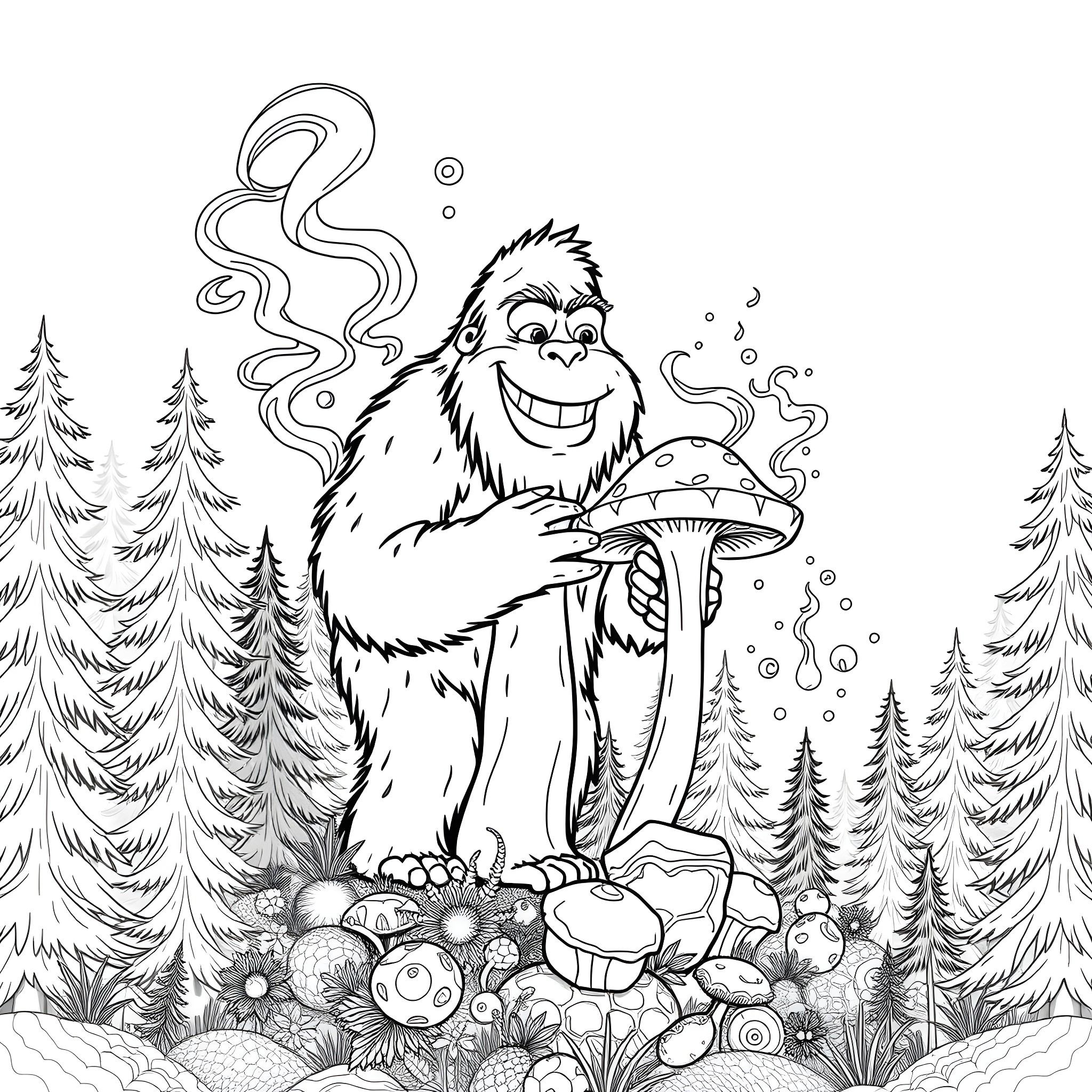 Sasquatch enjoying a mushroom in the forest Coloring Page (free black-and-white line drawing printable PDF for all, from beginners to advanced learners, including children, teens, adults, and seniors)