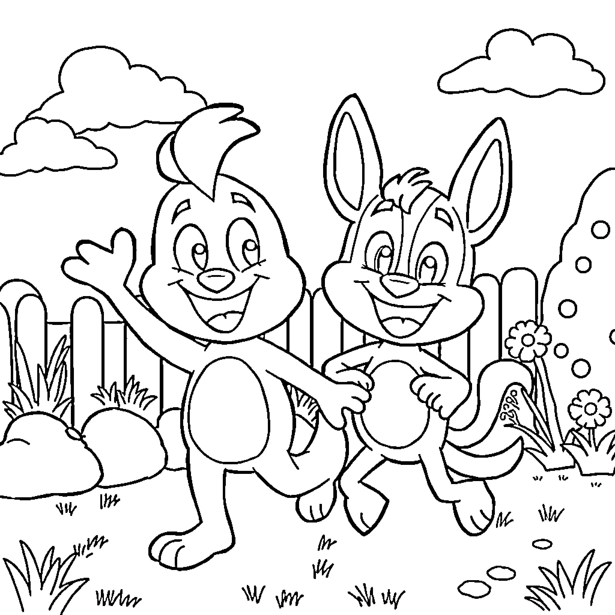 Bingo with cheerful bunnies in a natural setting Coloring Page (free black-and-white line drawing printable PDF for all, from beginners to advanced learners, including children, teens, adults, and seniors)