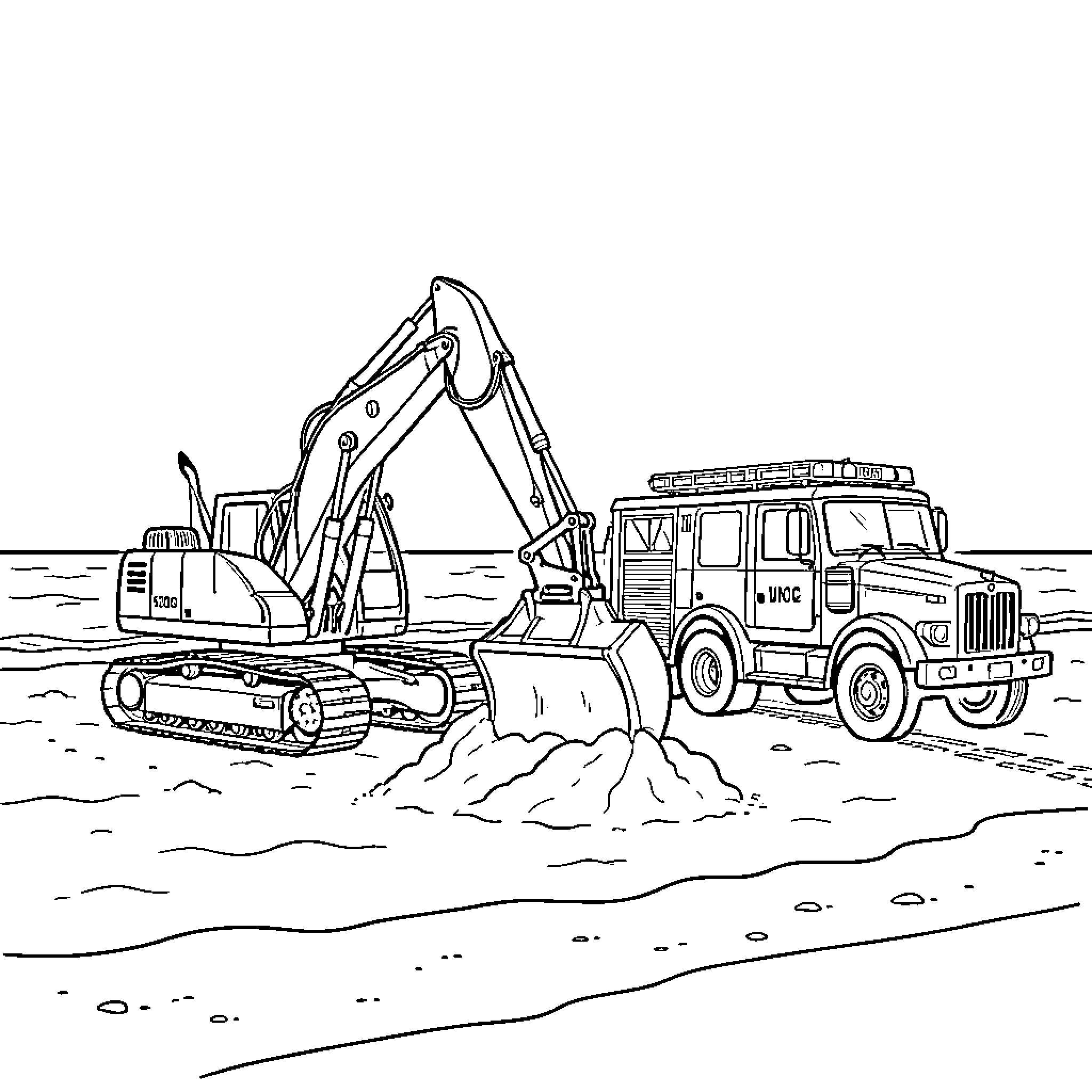 Pelleteuse working alongside a large truck on site Coloring Page (free black-and-white line drawing printable PDF for all, from beginners to advanced learners, including children, teens, adults, and seniors)