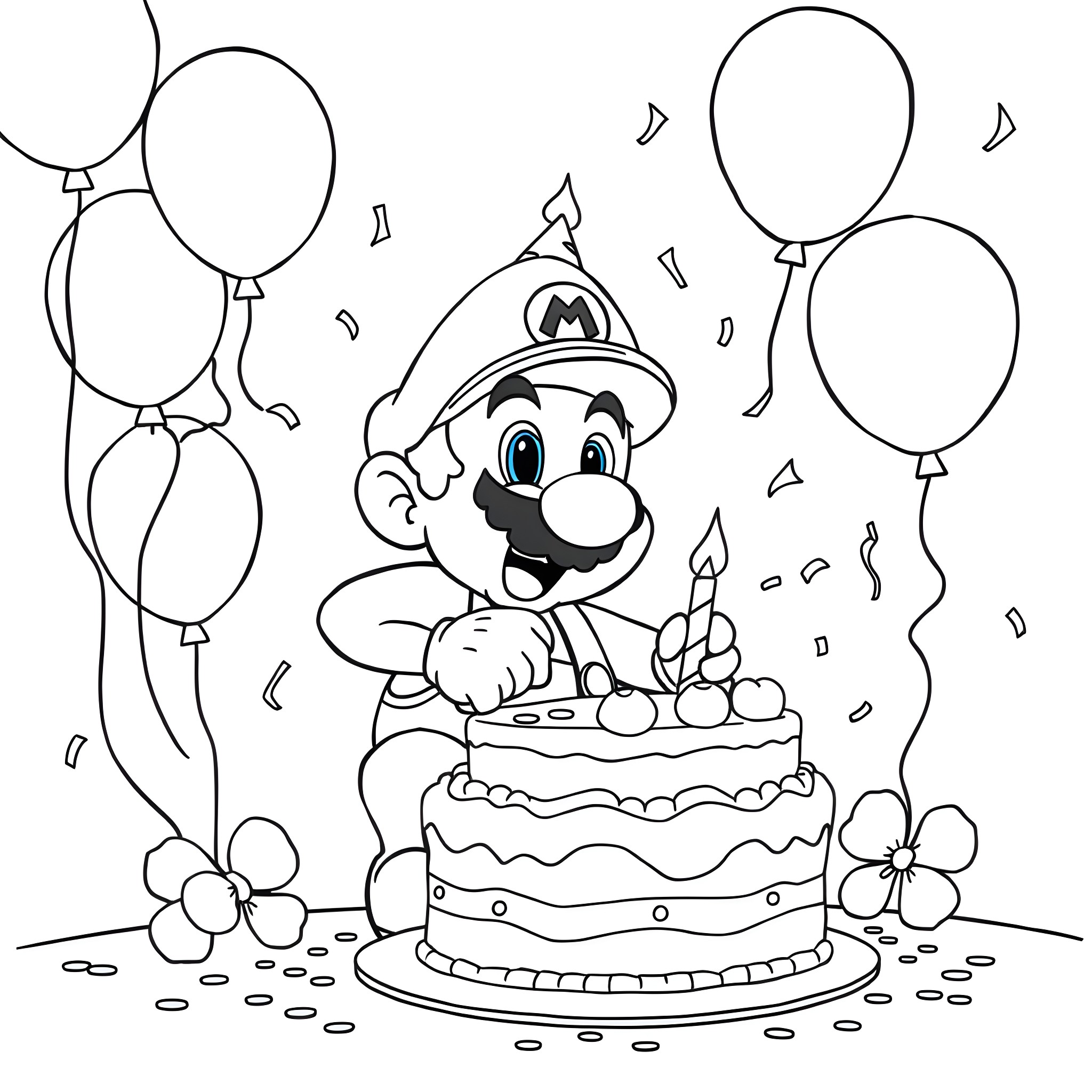 Super Mario Celebrates His Birthday with Cake and Balloons Coloring Page (free black-and-white line drawing printable PDF for all, from beginners to advanced learners, including children, teens, adults, and seniors)