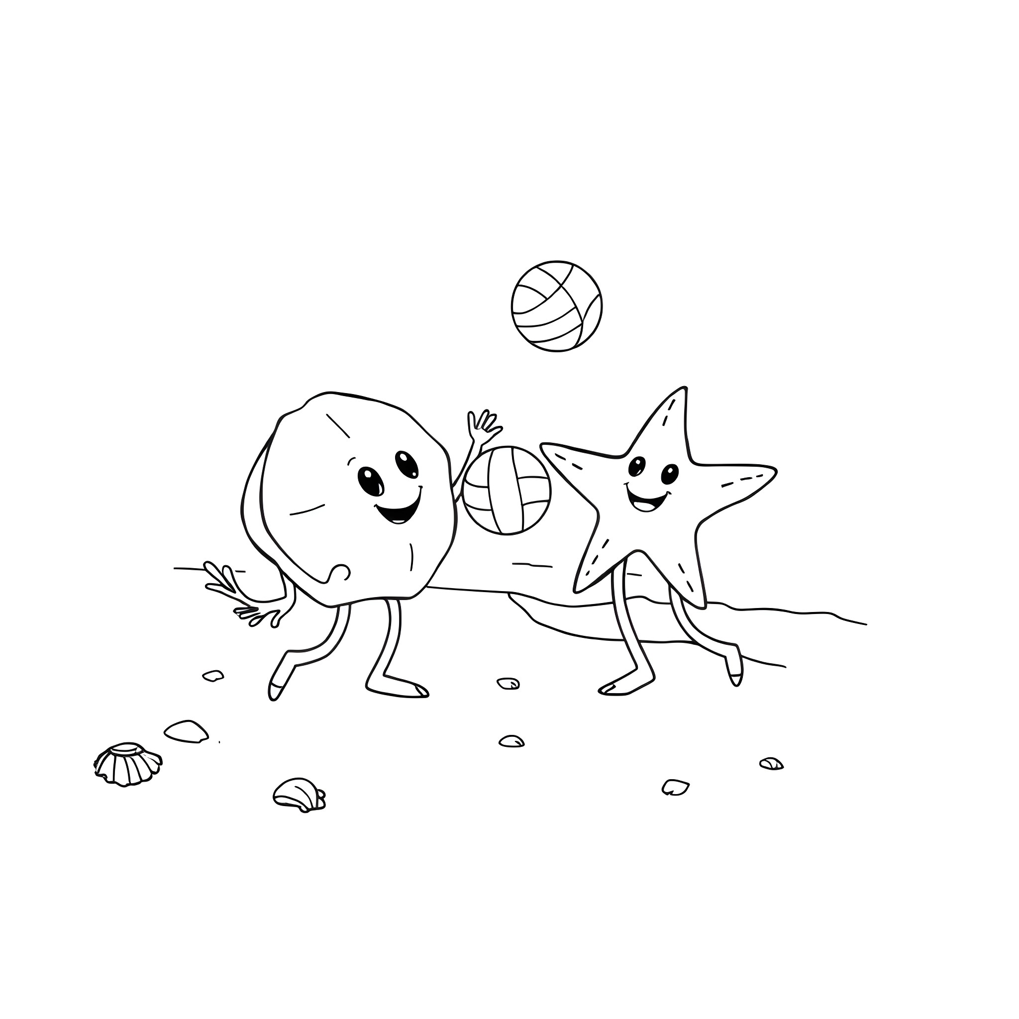 Sand Dollar and Starfish Playing on the Beach Coloring Page (free black-and-white line drawing printable PDF for all, from beginners to advanced learners, including children, teens, adults, and seniors)