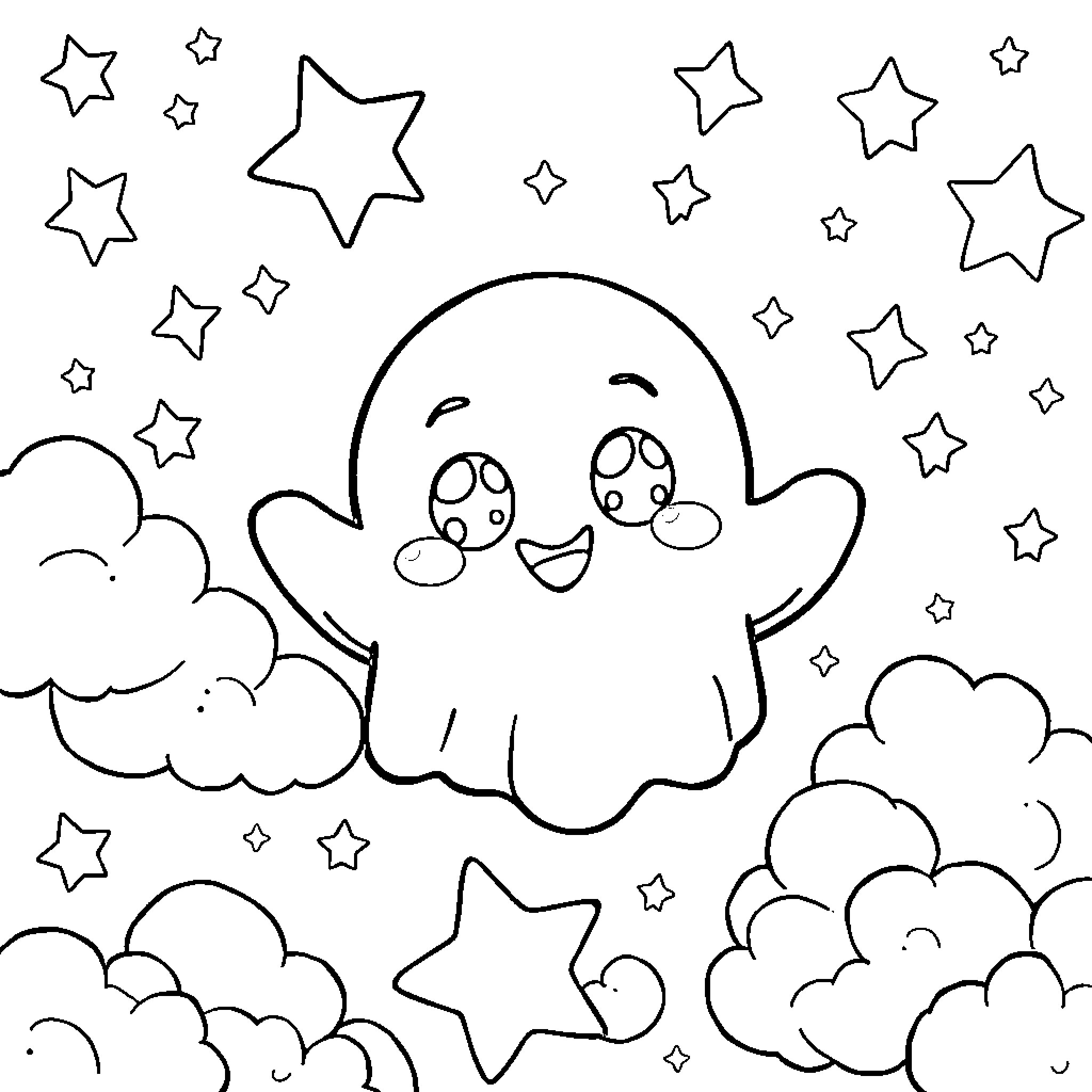 Ghost playing among the stars and clouds Coloring Page (free black-and-white line drawing printable PDF for all, from beginners to advanced learners, including children, teens, adults, and seniors)