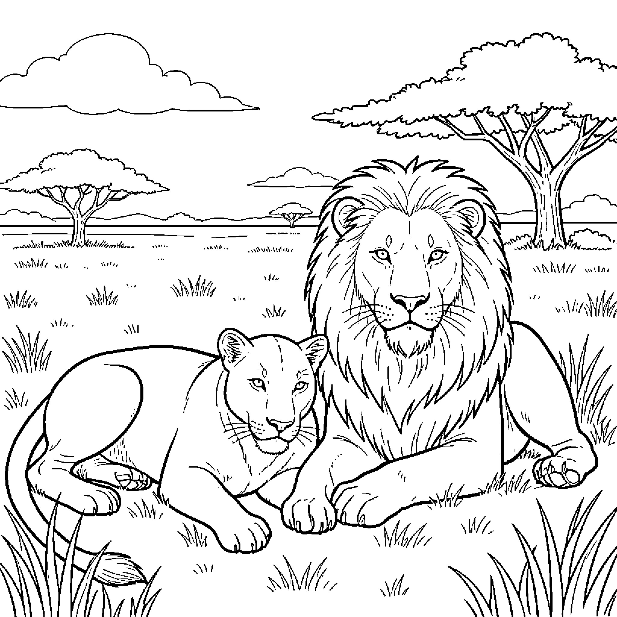 Lion and lioness resting together in the savanna Coloring Page (free black-and-white line drawing printable PDF for all, from beginners to advanced learners, including children, teens, adults, and seniors)