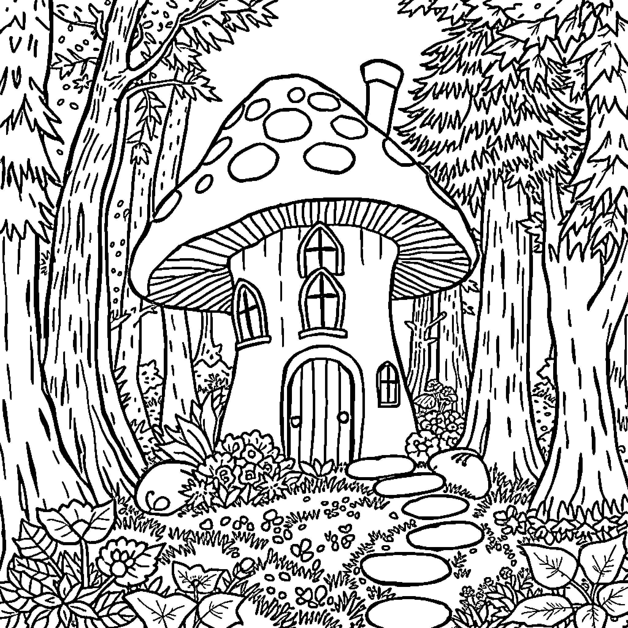 Mushroom house in the enchanted forest Coloring Page (free black-and-white line drawing printable PDF for all, from beginners to advanced learners, including children, teens, adults, and seniors)
