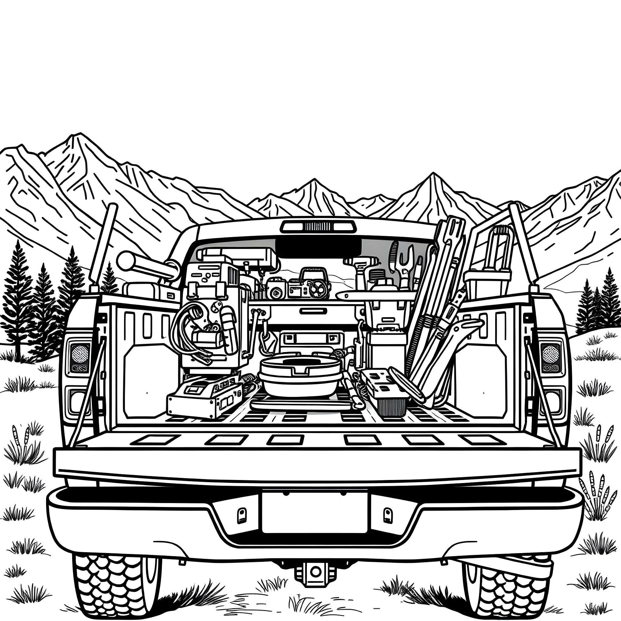 Truck Packed for Outdoor Adventure in Mountains Coloring Page (free black-and-white line drawing printable PDF for all, from beginners to advanced learners, including children, teens, adults, and seniors)
