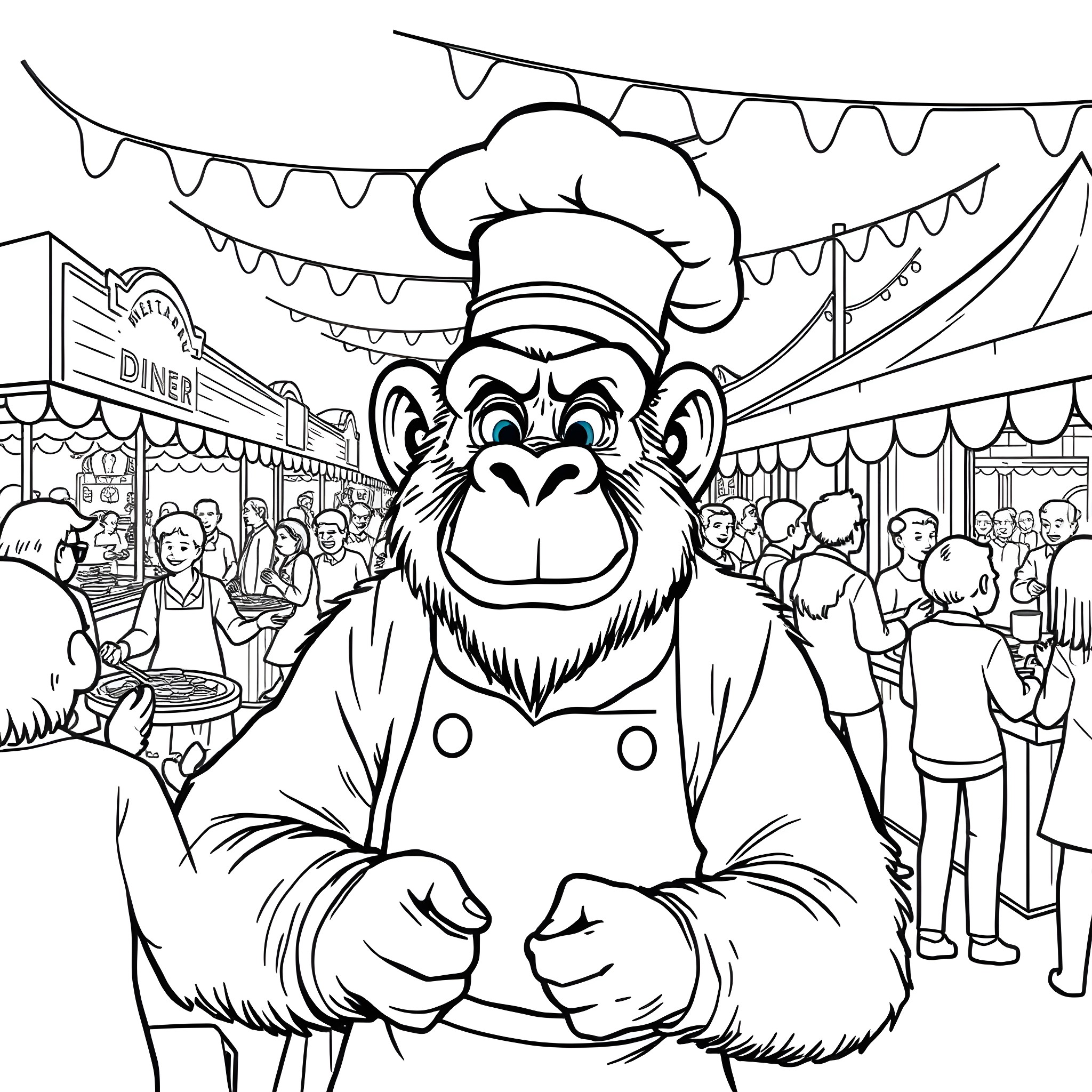 Gorilla chef working at a lively carnival Coloring Page (free black-and-white line drawing printable PDF for all, from beginners to advanced learners, including children, teens, adults, and seniors)