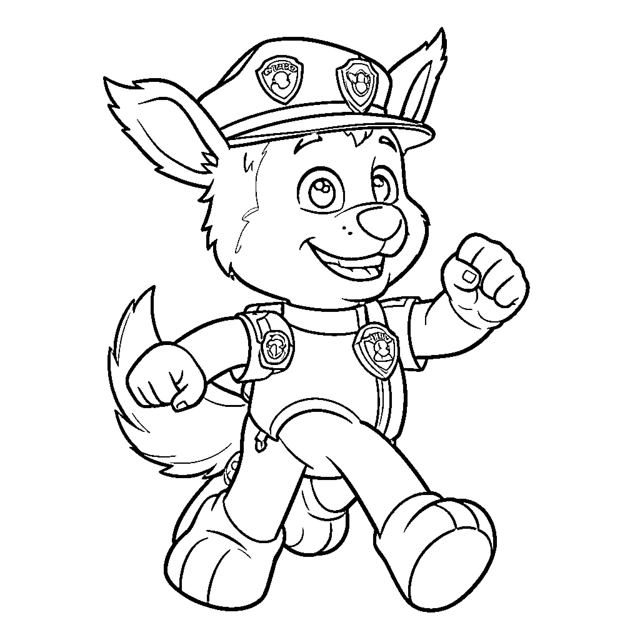Chase the happy pup in uniform Coloring Page (free black-and-white line drawing printable PDF for all, from beginners to advanced learners, including children, teens, adults, and seniors)