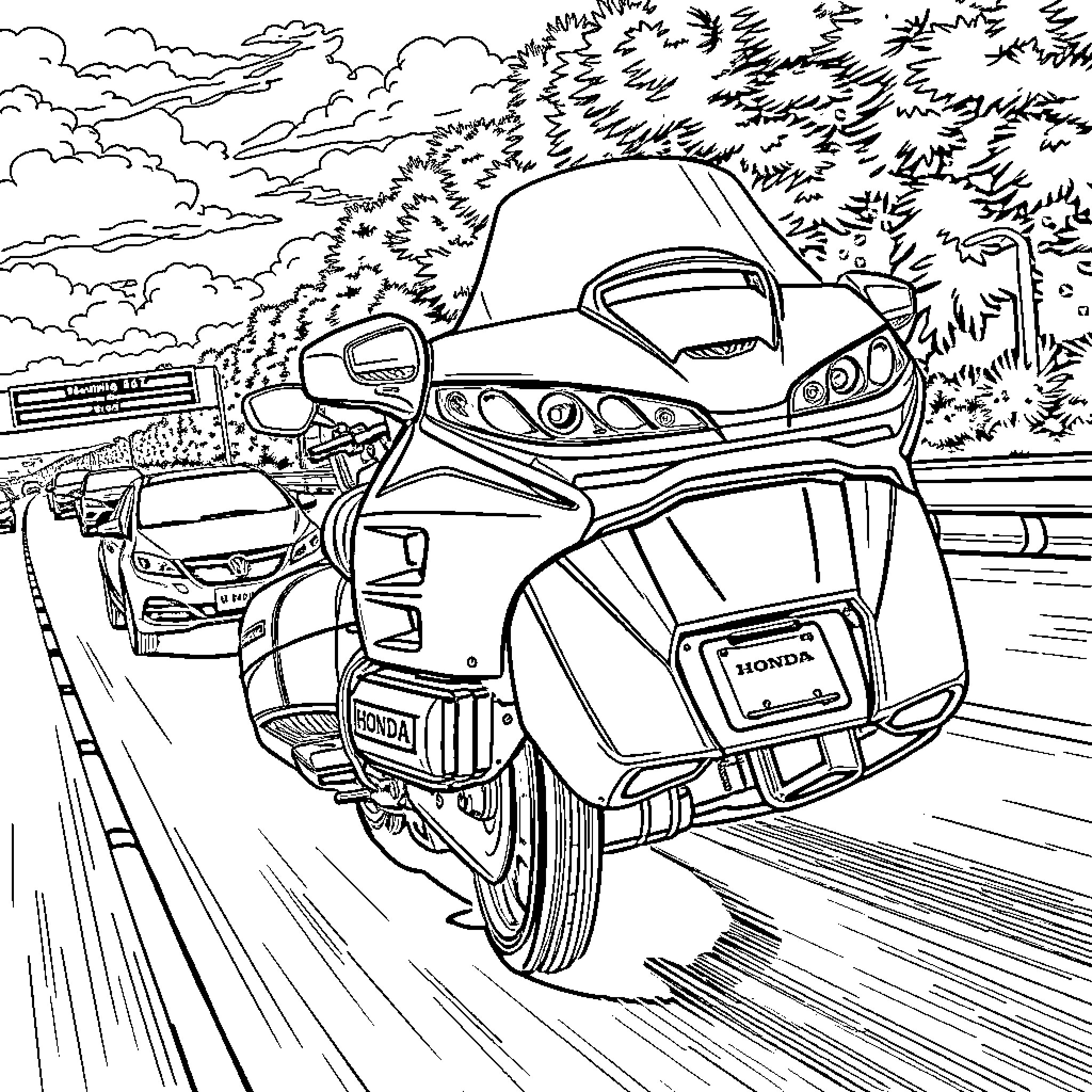 Honda Goldwing motorcycle speeding on the highway Coloring Page (free black-and-white line drawing printable PDF for all, from beginners to advanced learners, including children, teens, adults, and seniors)