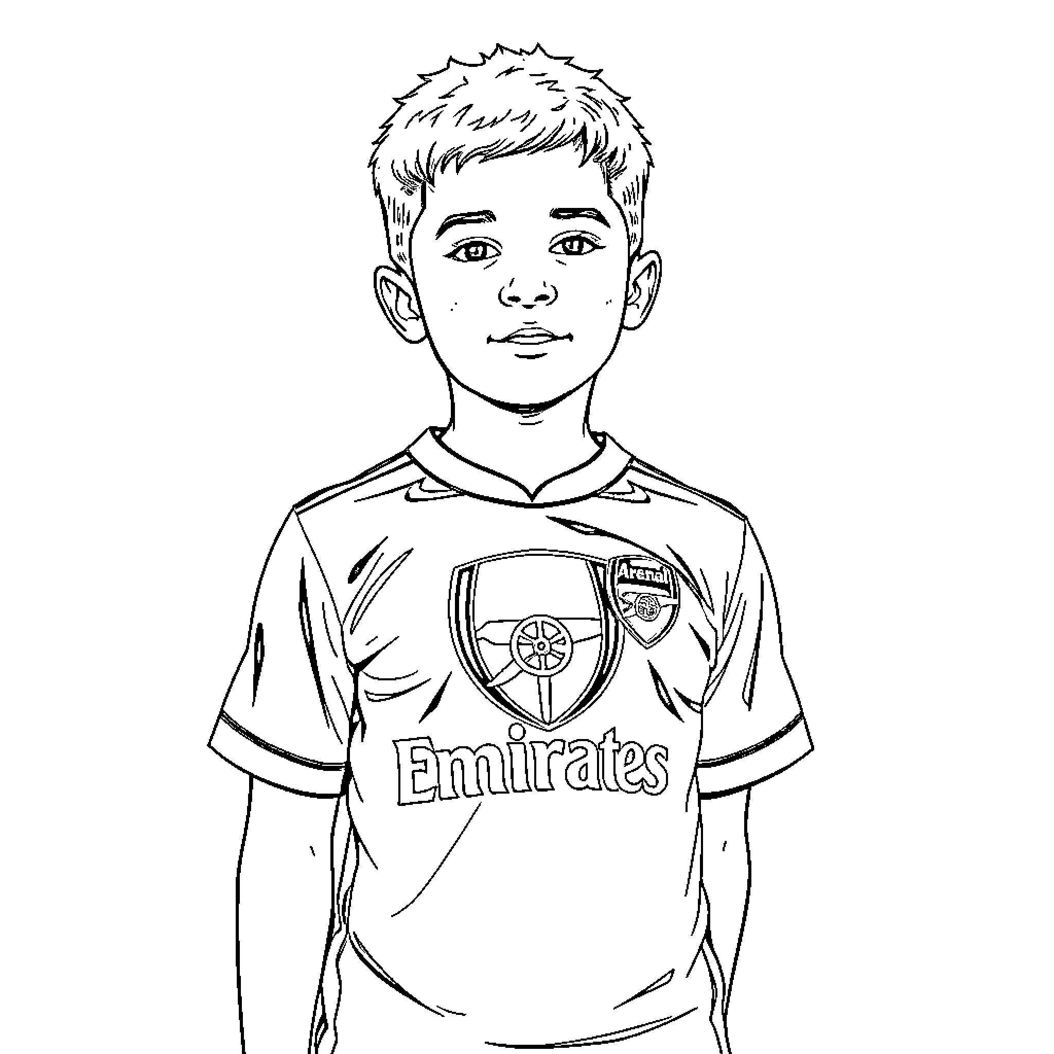 Boy wearing Arsenal football jersey Coloring Page (free black-and-white line drawing printable PDF for all, from beginners to advanced learners, including children, teens, adults, and seniors)