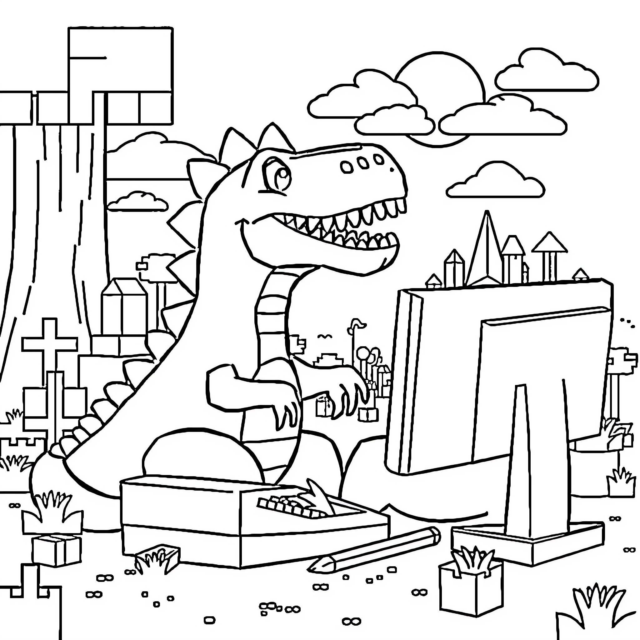 Dinosaur exploring a modern city Coloring Page (free black-and-white line drawing printable PDF for all, from beginners to advanced learners, including children, teens, adults, and seniors)