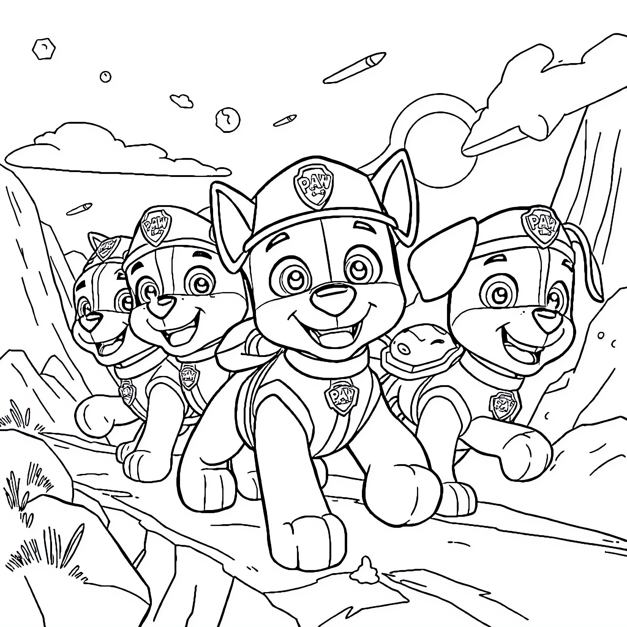 Paw Patrol characters on an adventure Coloring Page (free black-and-white line drawing printable PDF for all, from beginners to advanced learners, including children, teens, adults, and seniors)