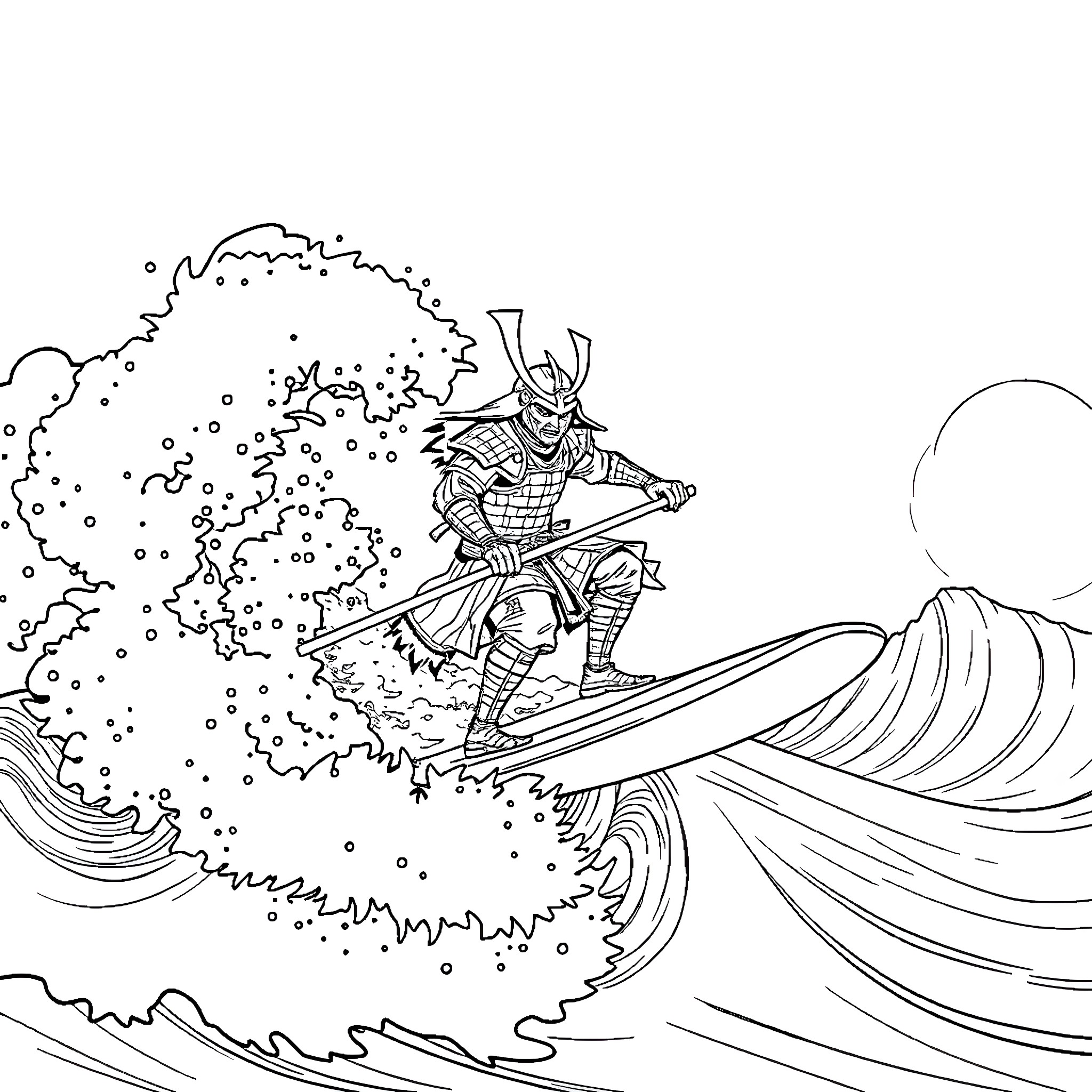 Samurai Warrior Surfing Mighty Waves Coloring Page (free black-and-white line drawing printable PDF for all, from beginners to advanced learners, including children, teens, adults, and seniors)