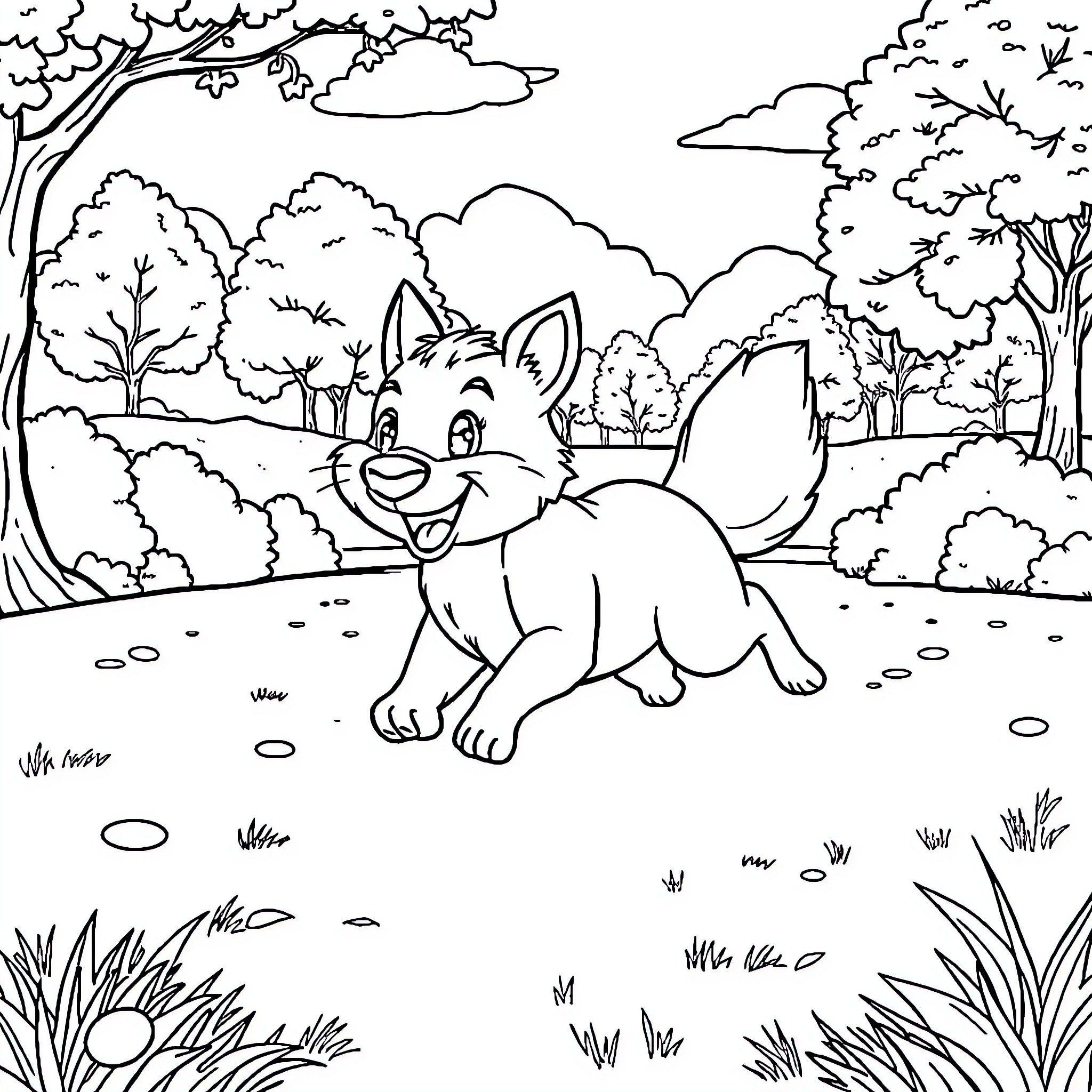 Animal exploring the forest scene Coloring Page (free black-and-white line drawing printable PDF for all, from beginners to advanced learners, including children, teens, adults, and seniors)