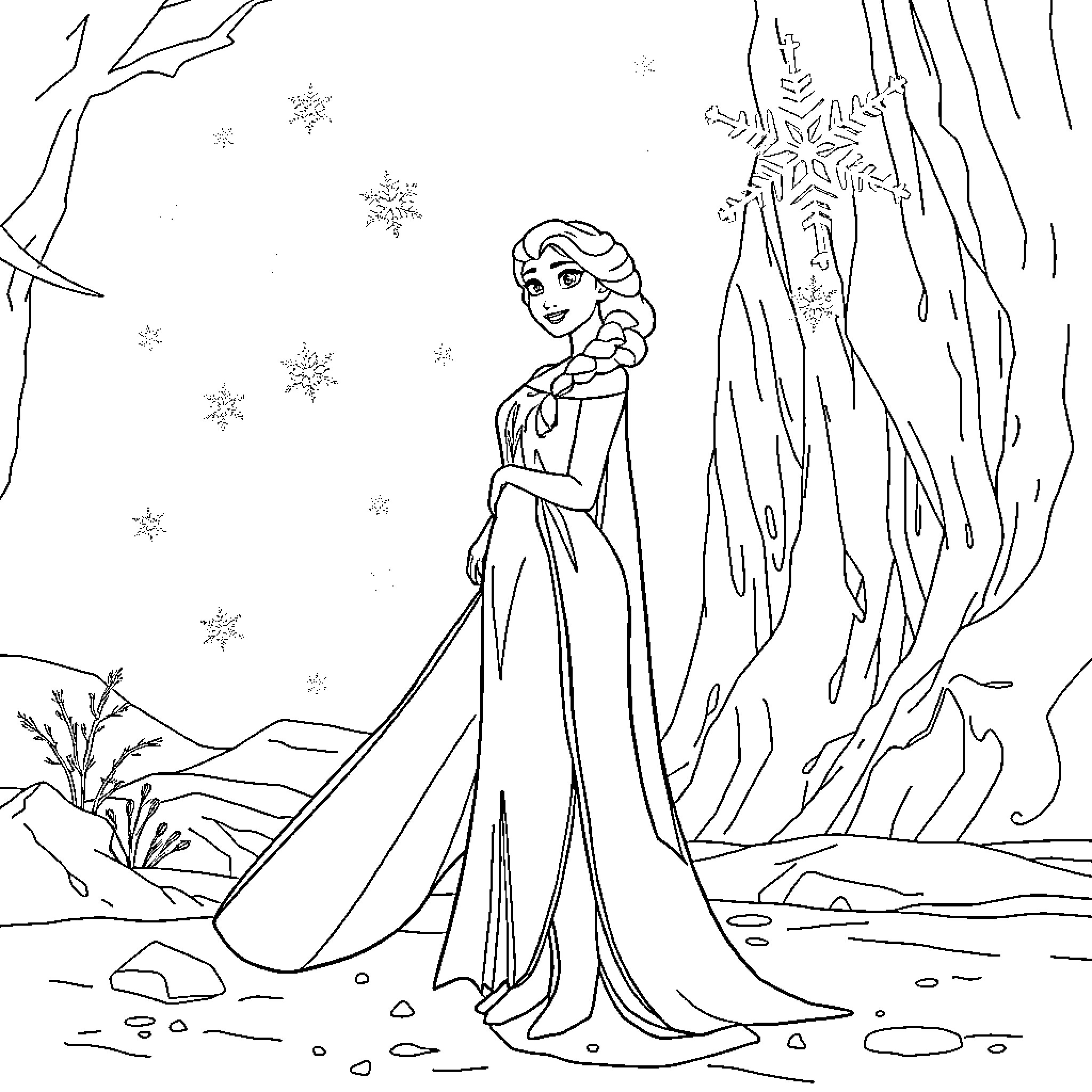 Elsa admiring the snowy winter landscape Coloring Page (free black-and-white line drawing printable PDF for all, from beginners to advanced learners, including children, teens, adults, and seniors)