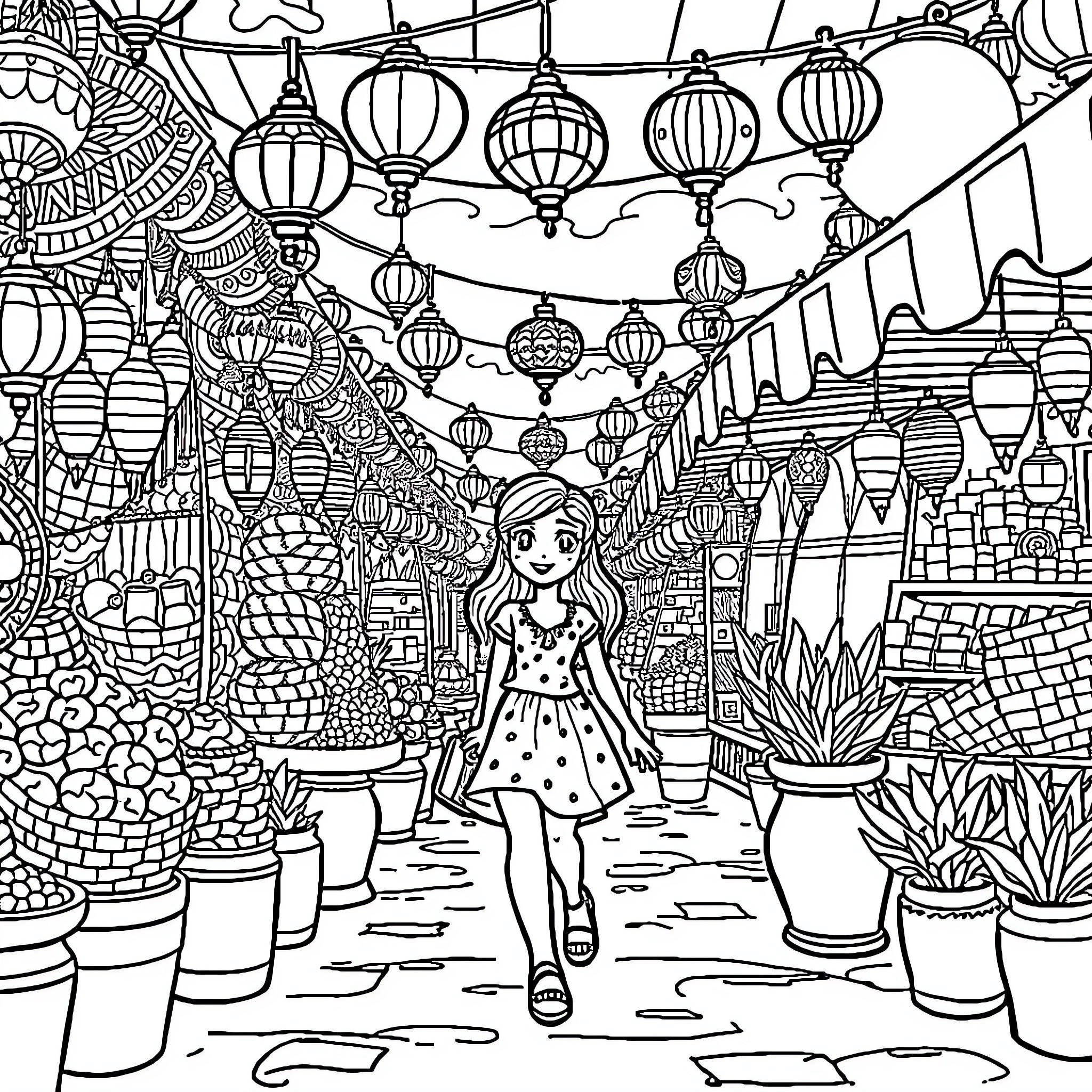 Marinette exploring an intricate lantern-filled street Coloring Page (free black-and-white line drawing printable PDF for all, from beginners to advanced learners, including children, teens, adults, and seniors)