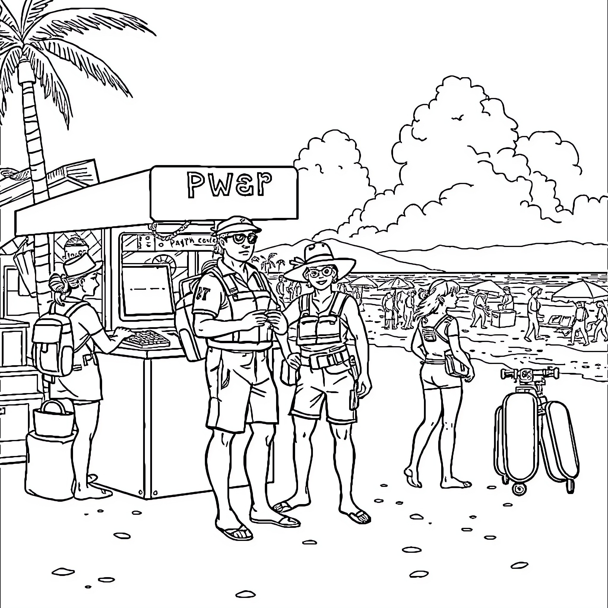 Paw Patrol characters on a tropical beach vacation Coloring Page (free black-and-white line drawing printable PDF for all, from beginners to advanced learners, including children, teens, adults, and seniors)