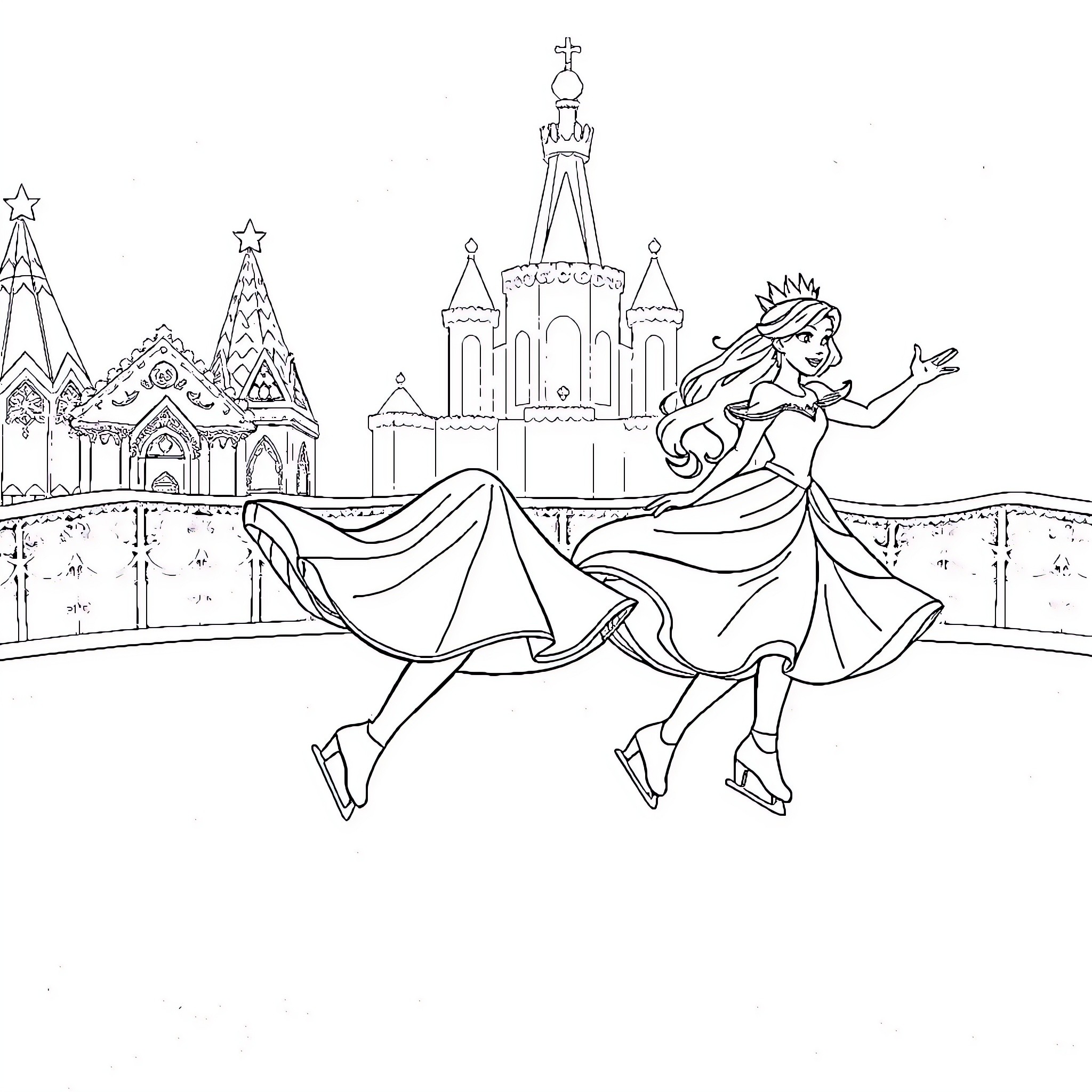 Disney Princess Skating Gracefully in Winter Wonderland Coloring Page (free black-and-white line drawing printable PDF for all, from beginners to advanced learners, including children, teens, adults, and seniors)
