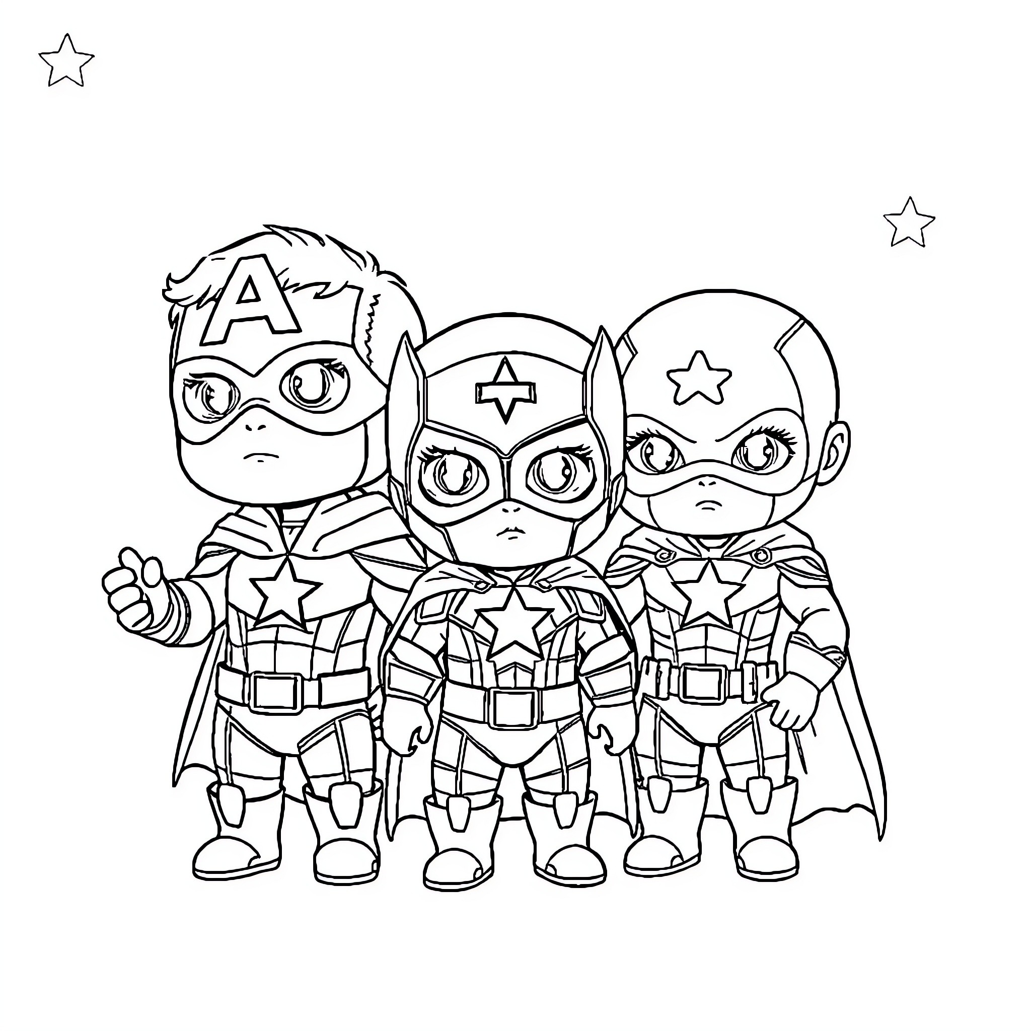 Avenger superheroes in action poses Coloring Page (free black-and-white line drawing printable PDF for all, from beginners to advanced learners, including children, teens, adults, and seniors)