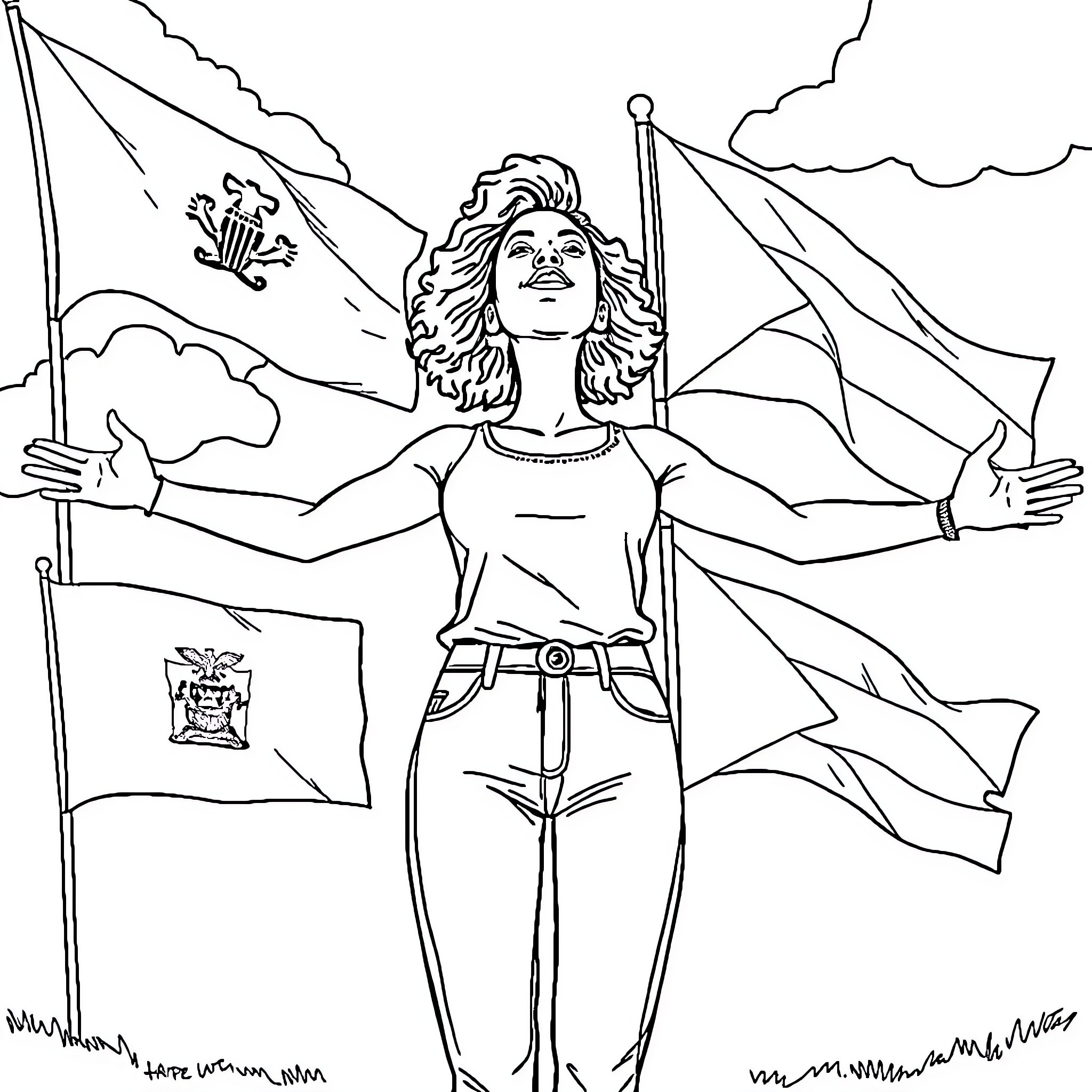 Woman stands proudly with national flags Coloring Page (free black-and-white line drawing printable PDF for all, from beginners to advanced learners, including children, teens, adults, and seniors)