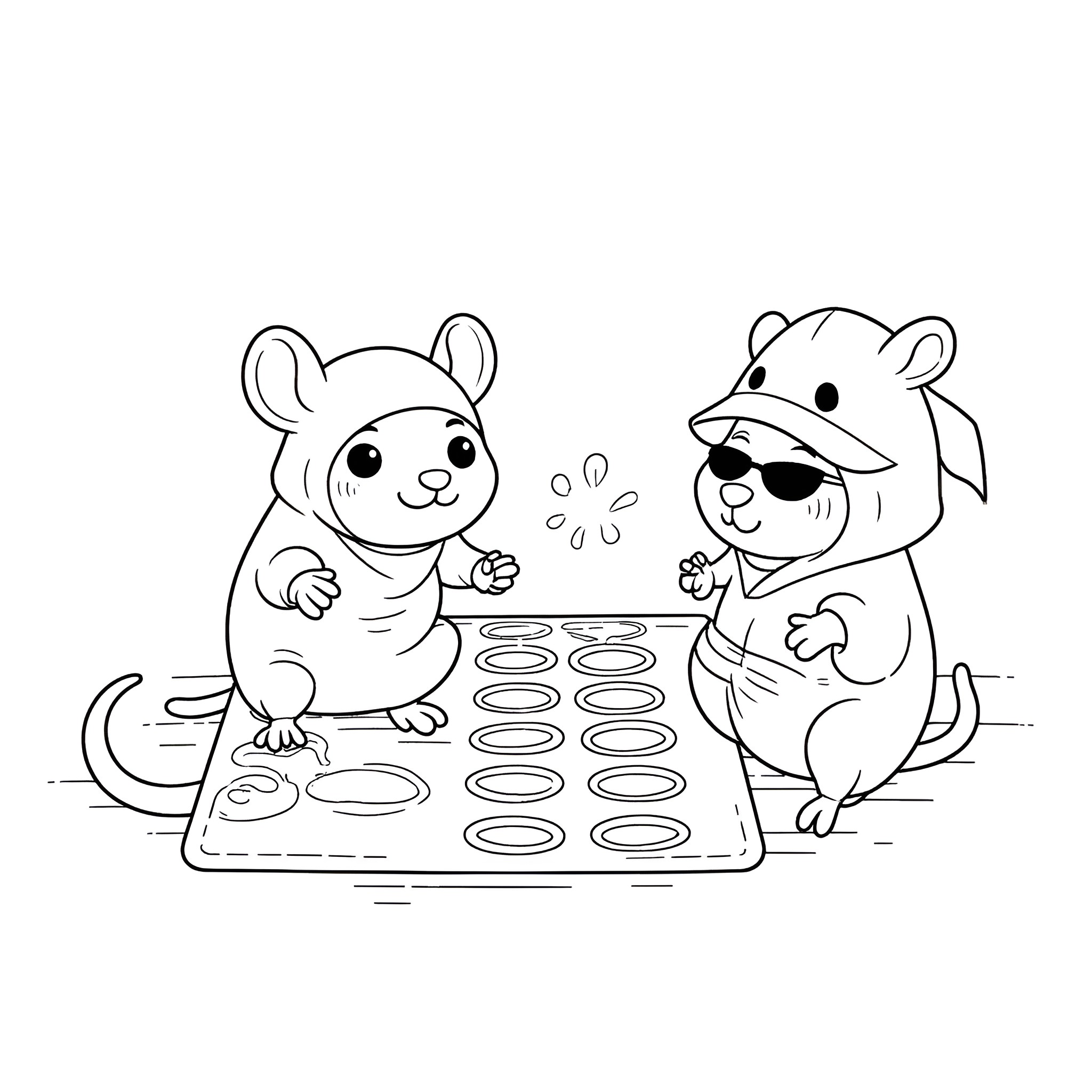Hamsters playing a board game together Coloring Page (free black-and-white line drawing printable PDF for all, from beginners to advanced learners, including children, teens, adults, and seniors)
