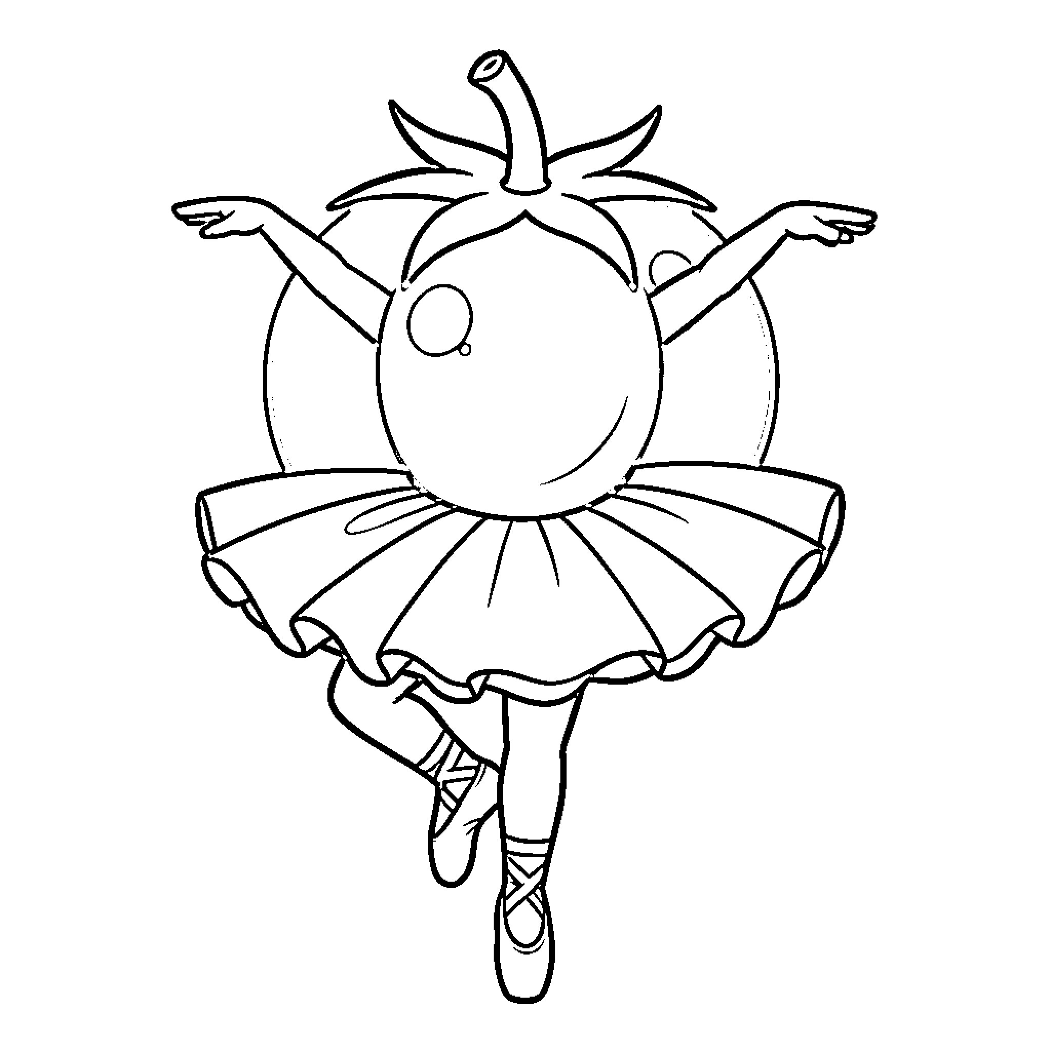 Tomato Ballerina Performing on Stage Coloring Page (free black-and-white line drawing printable PDF for all, from beginners to advanced learners, including children, teens, adults, and seniors)