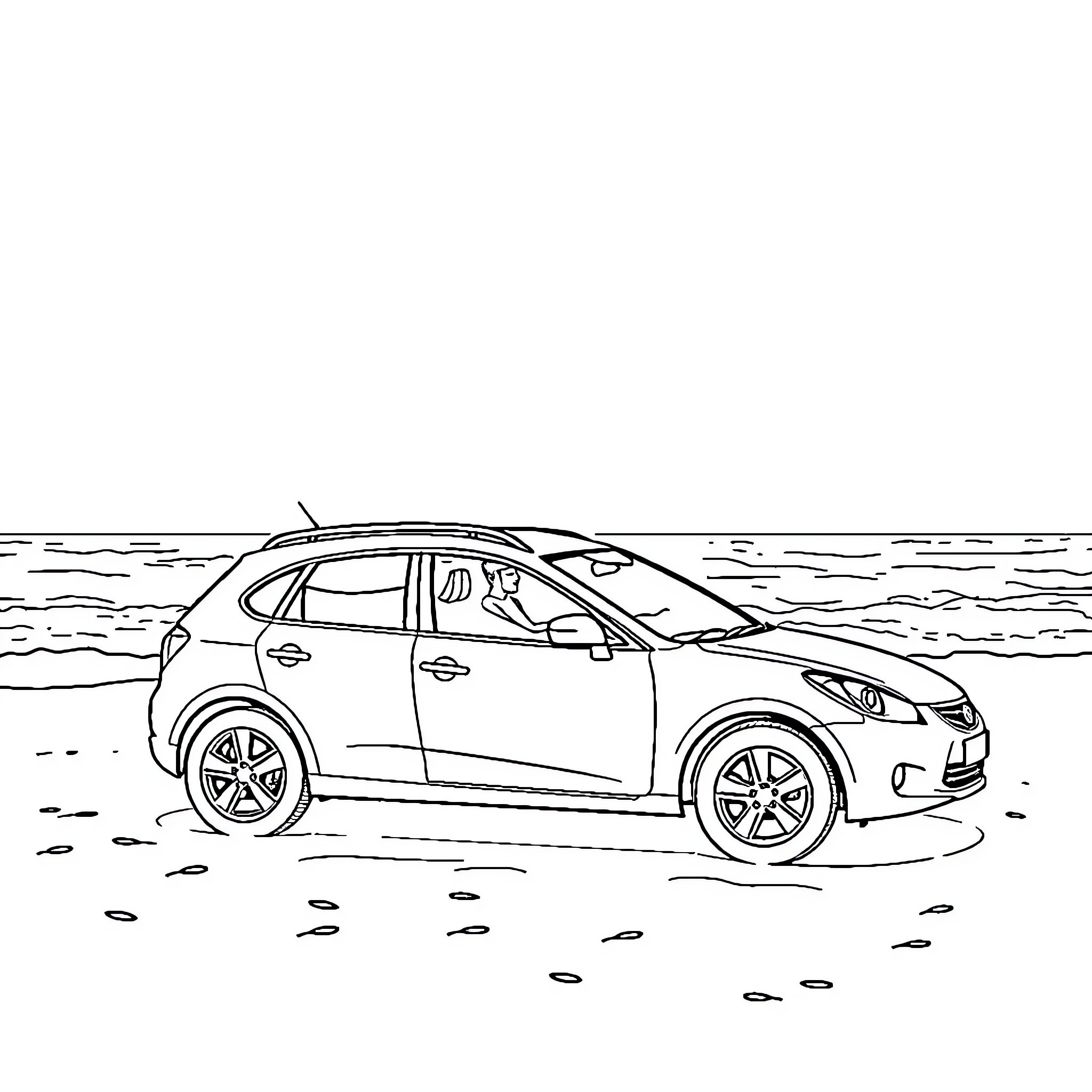 Car driving on the beach Coloring Page (free black-and-white line drawing printable PDF for all, from beginners to advanced learners, including children, teens, adults, and seniors)