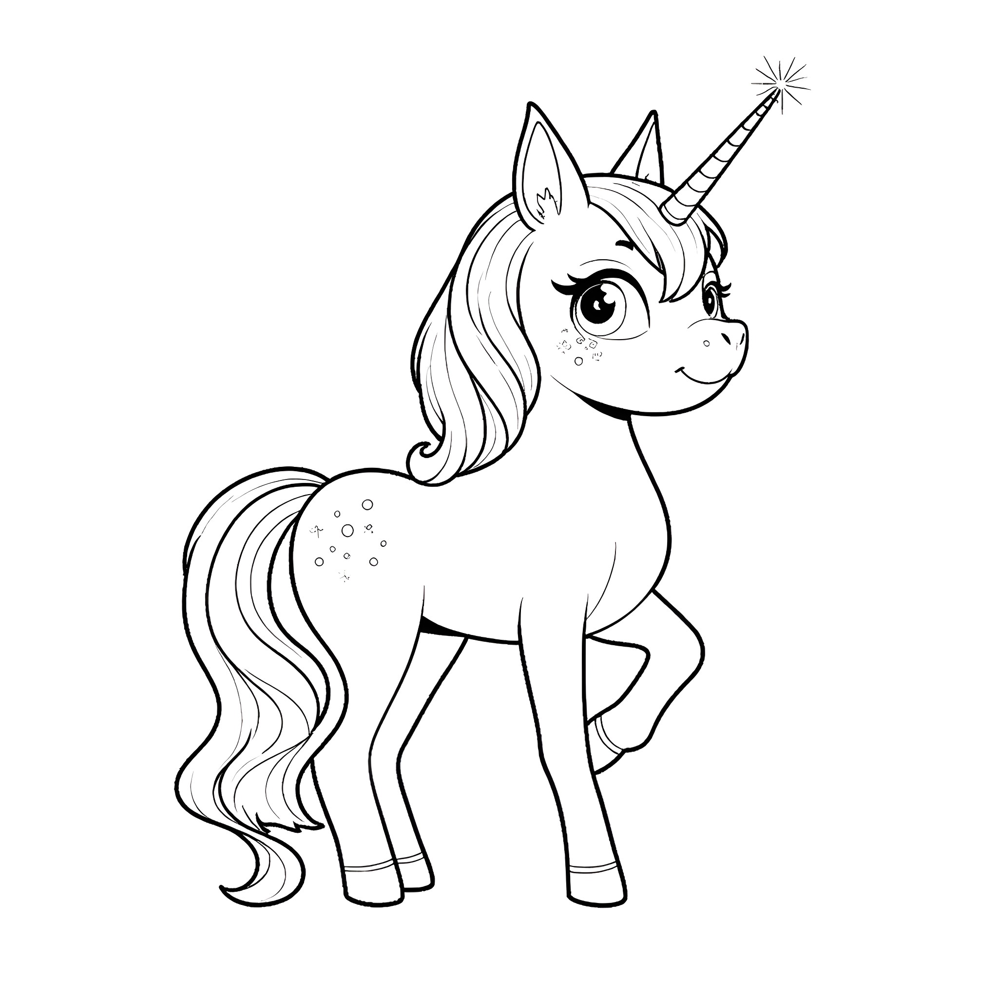 Unicorn Cat with Magical Horn Coloring Page (free black-and-white line drawing printable PDF for all, from beginners to advanced learners, including children, teens, adults, and seniors)
