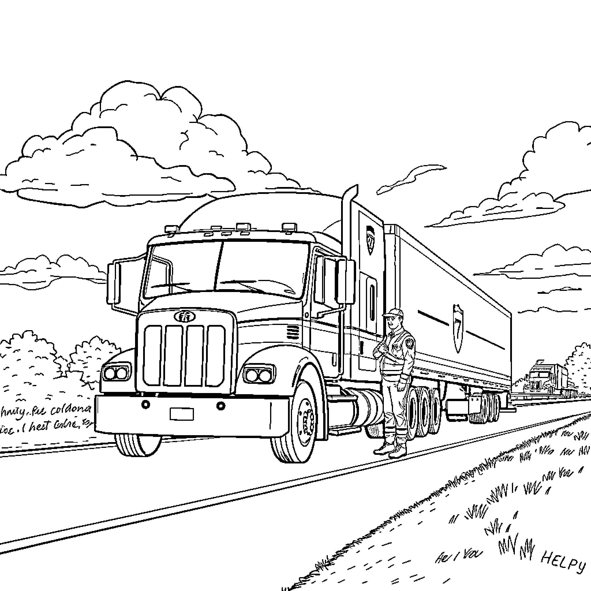 Responder assisting with large truck on the road Coloring Page (free black-and-white line drawing printable PDF for all, from beginners to advanced learners, including children, teens, adults, and seniors)